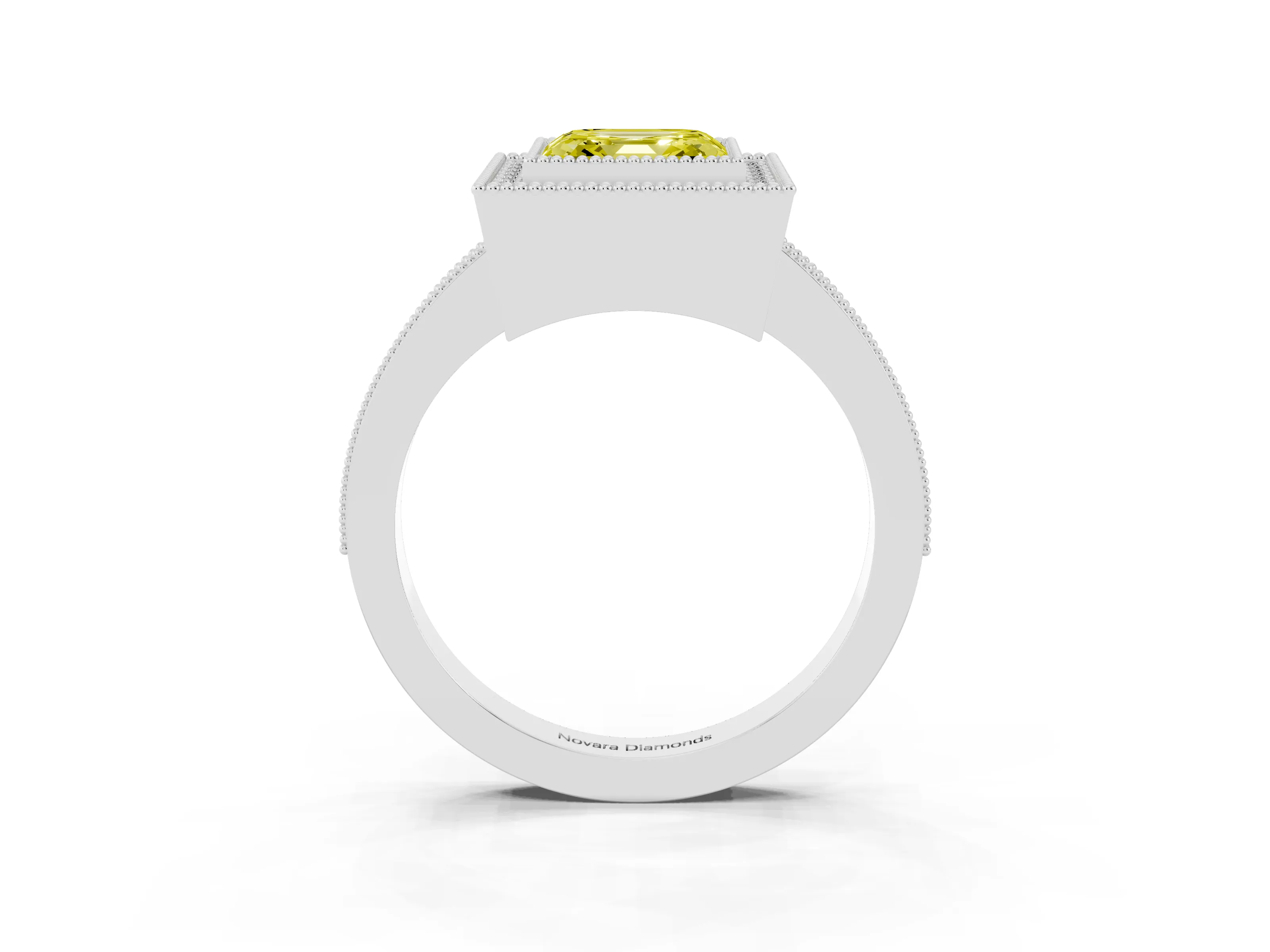 Fancy Yellow Asscher Cut Diamond Halo Engagement Ring Set in White gold with Pavé Band and Round Halo Stones