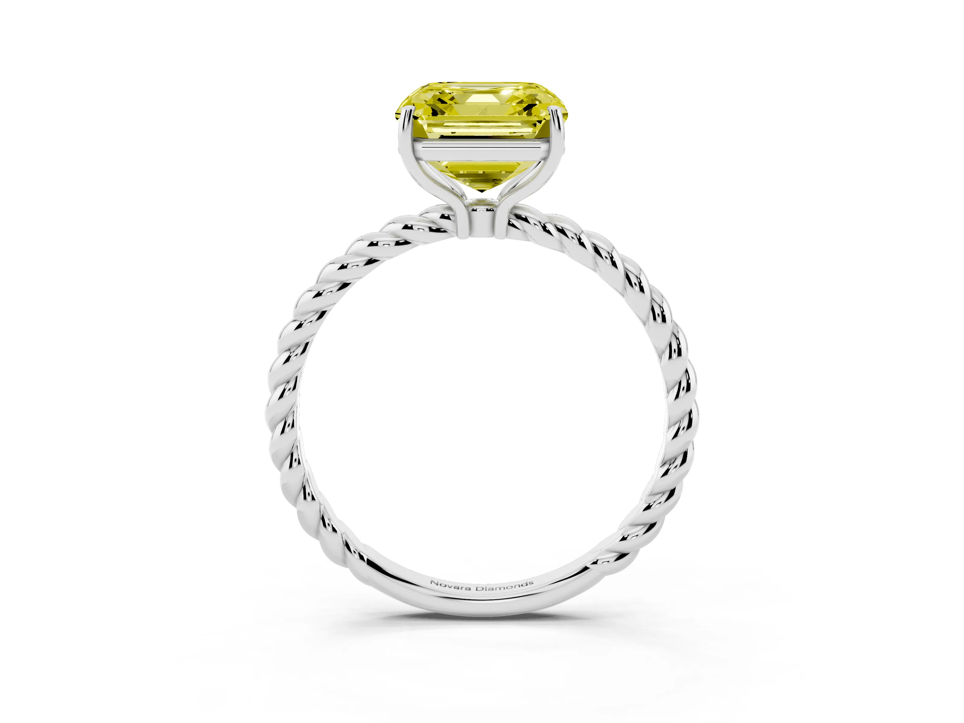 Fancy Yellow Asscher Cut Diamond Solitaire Ring Set in White gold with Twist Band and Prong Setting