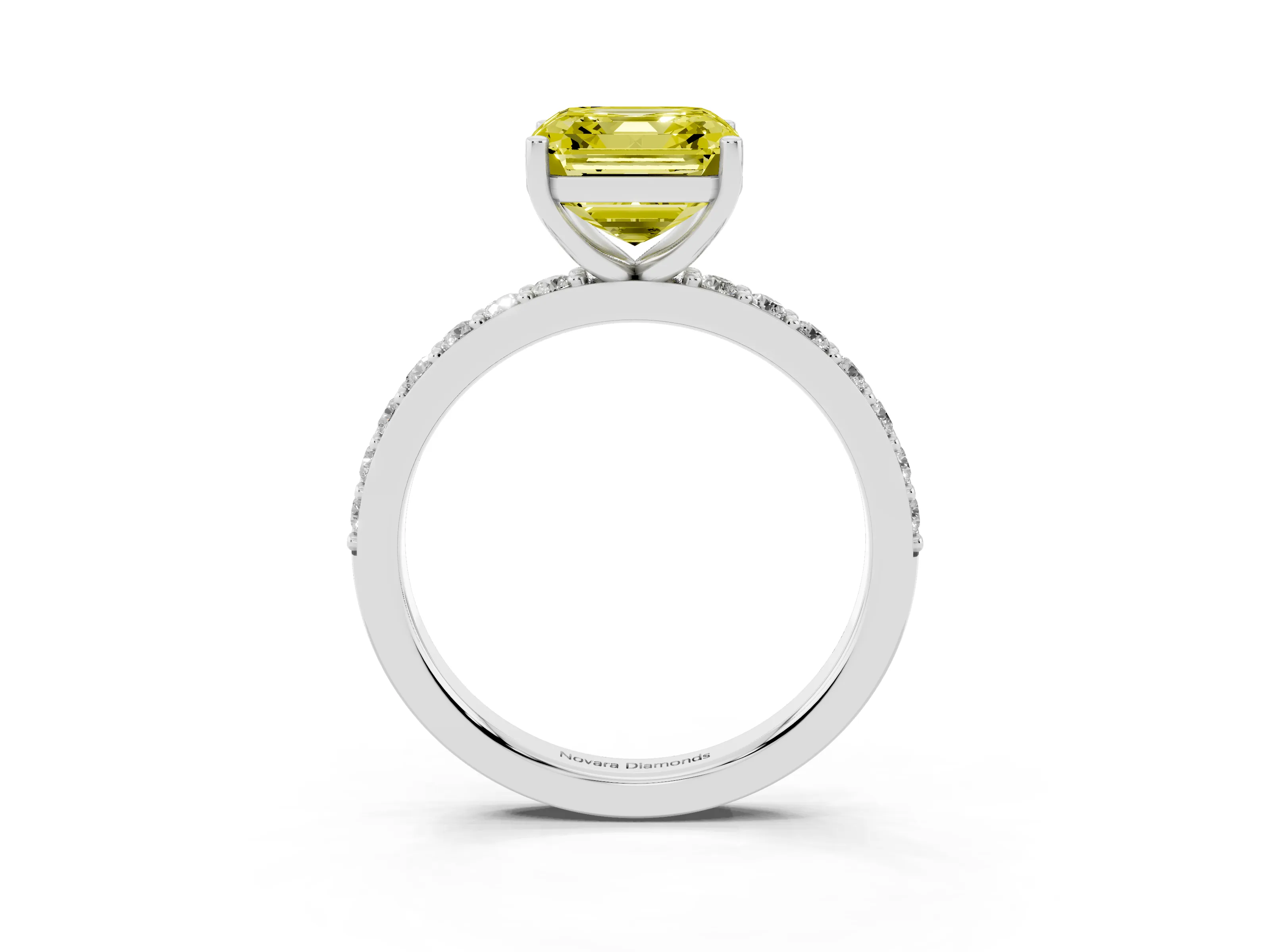 Fancy Yellow Asscher Cut Diamond Solitaire Set in Silver with Round Pavé Band and Prong Setting