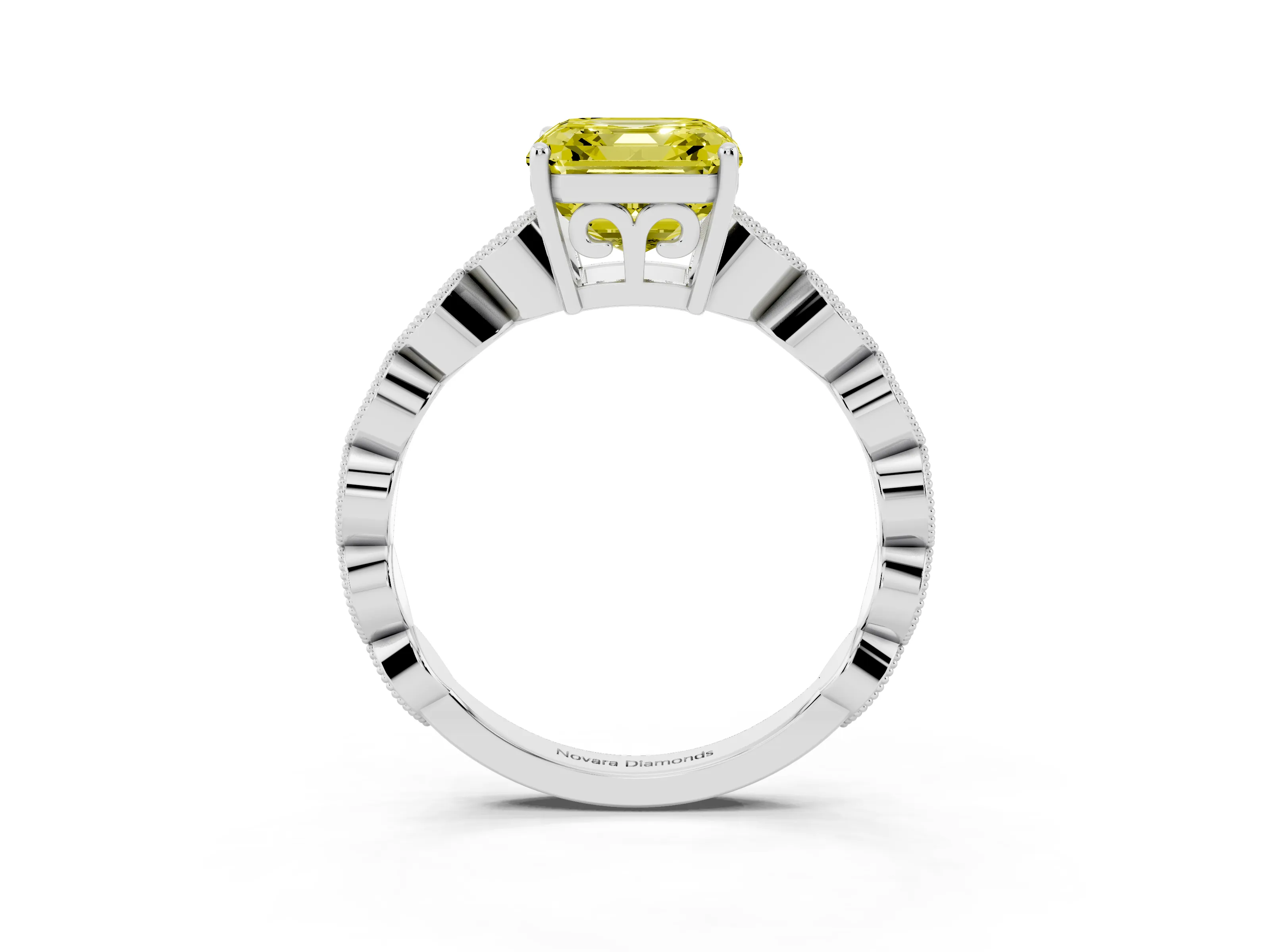 Fancy Yellow Asscher Cut Diamond Solitaire Ring Set in White gold with Infinity Twist Pavé Band