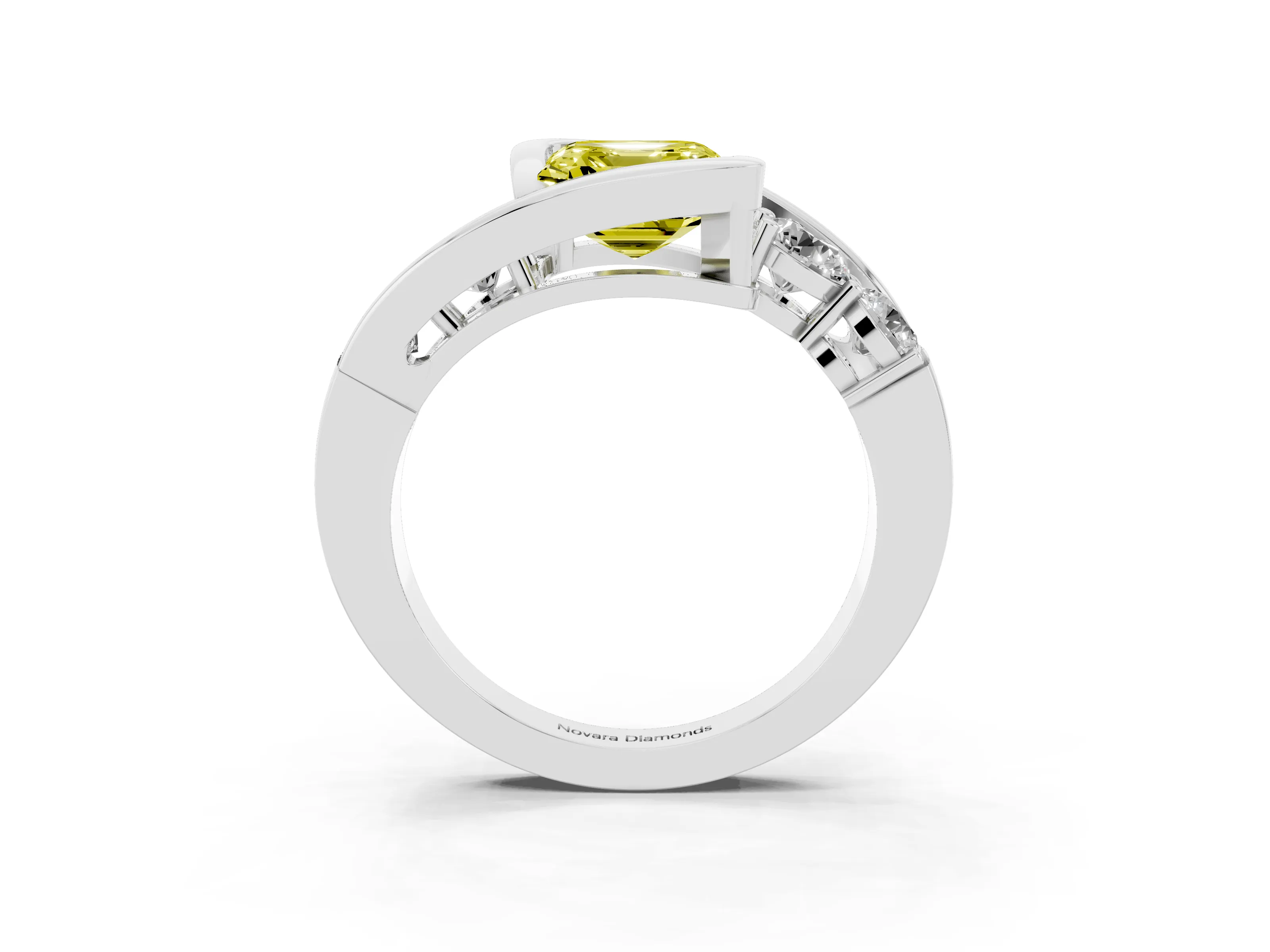 Fancy Yellow Asscher Cut Diamond Bezel Bypass Ring Set in Silver with Round Accents