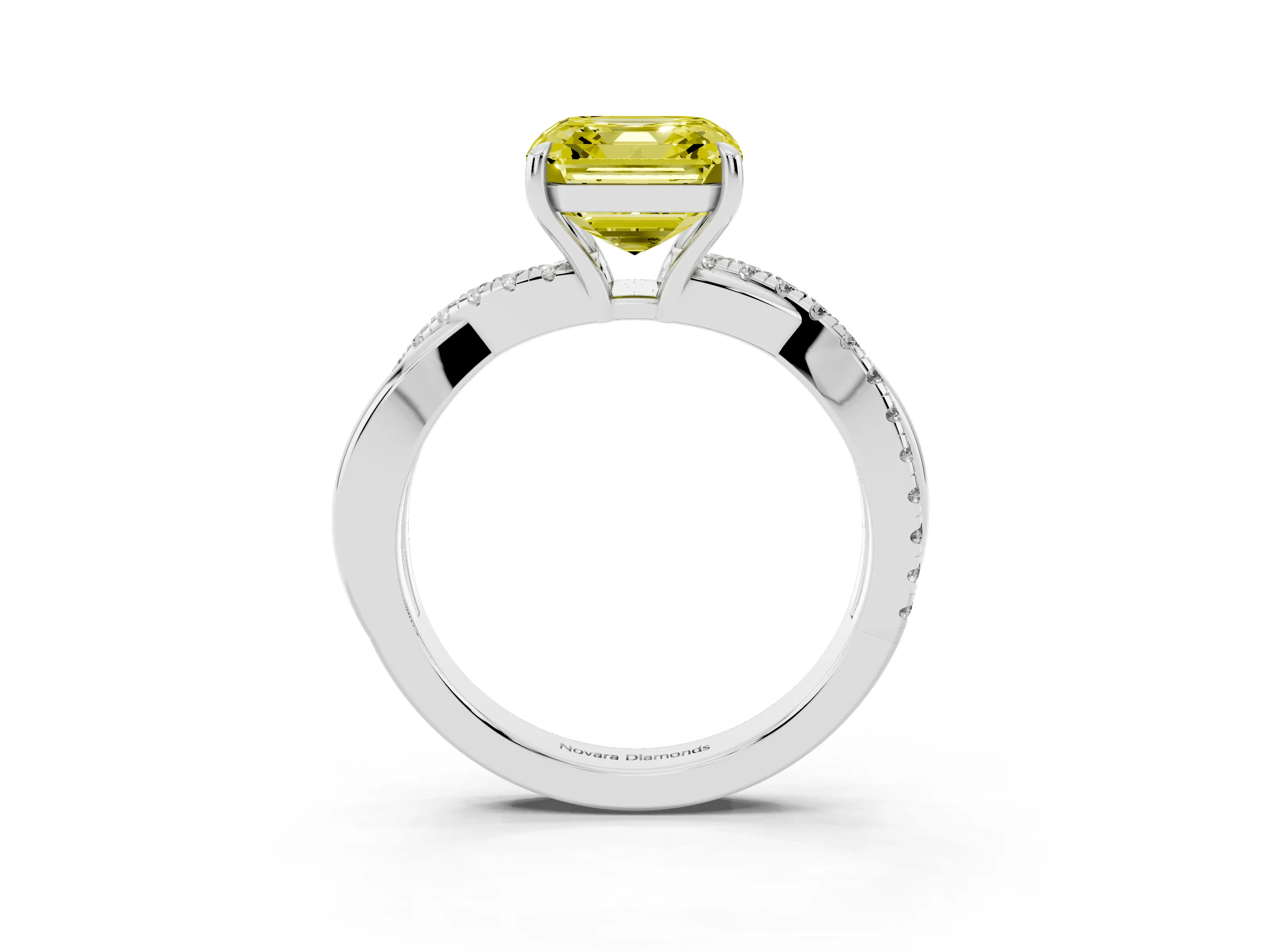 Fancy Yellow Asscher Cut Diamond Twisted Pavé Band Ring Set in Silver with Prong Setting