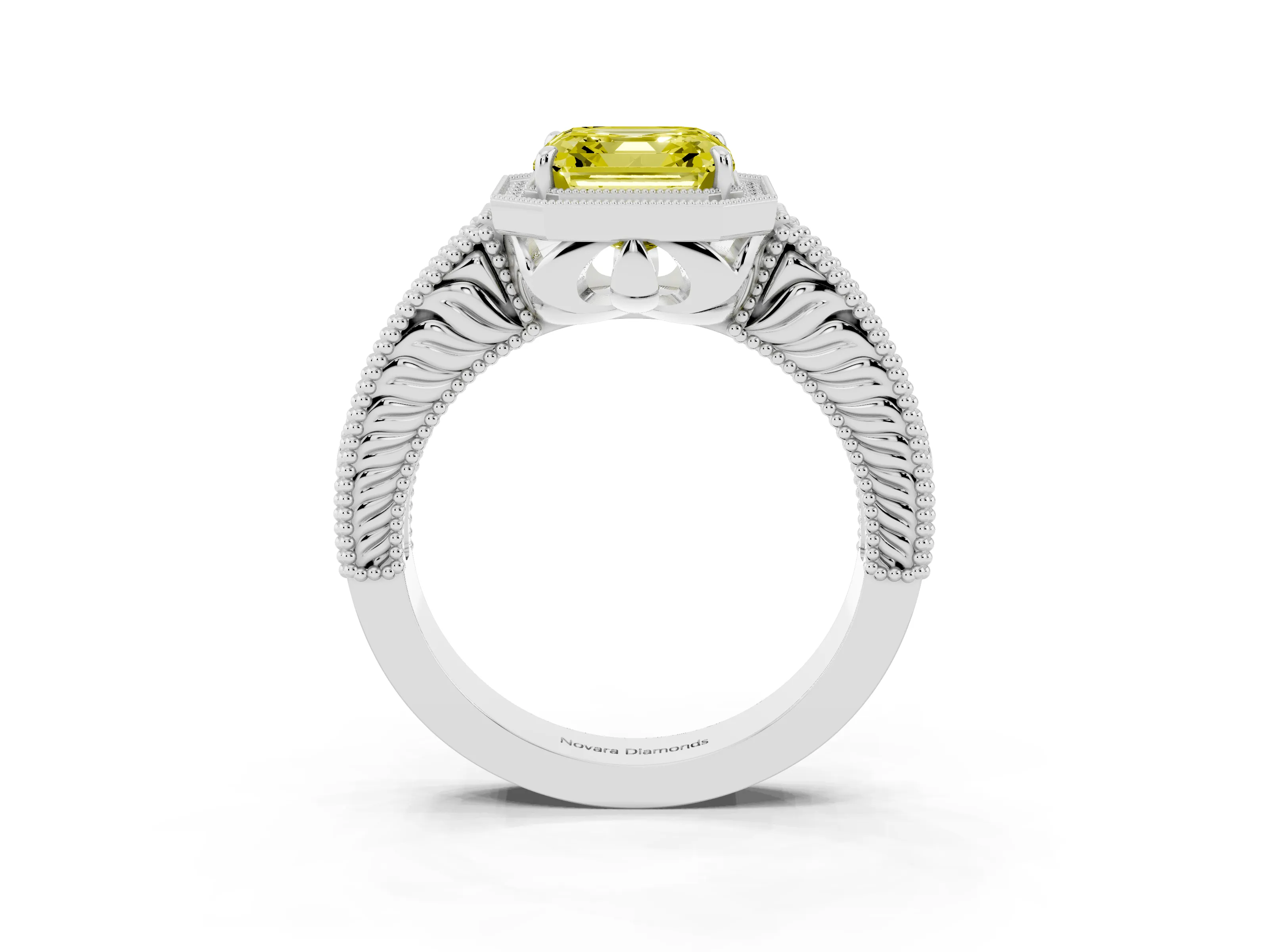 Fancy Yellow Asscher Cut Diamond Halo Ring Set in White gold with Round Accent Halo, Pavé Band and Prong Setting
