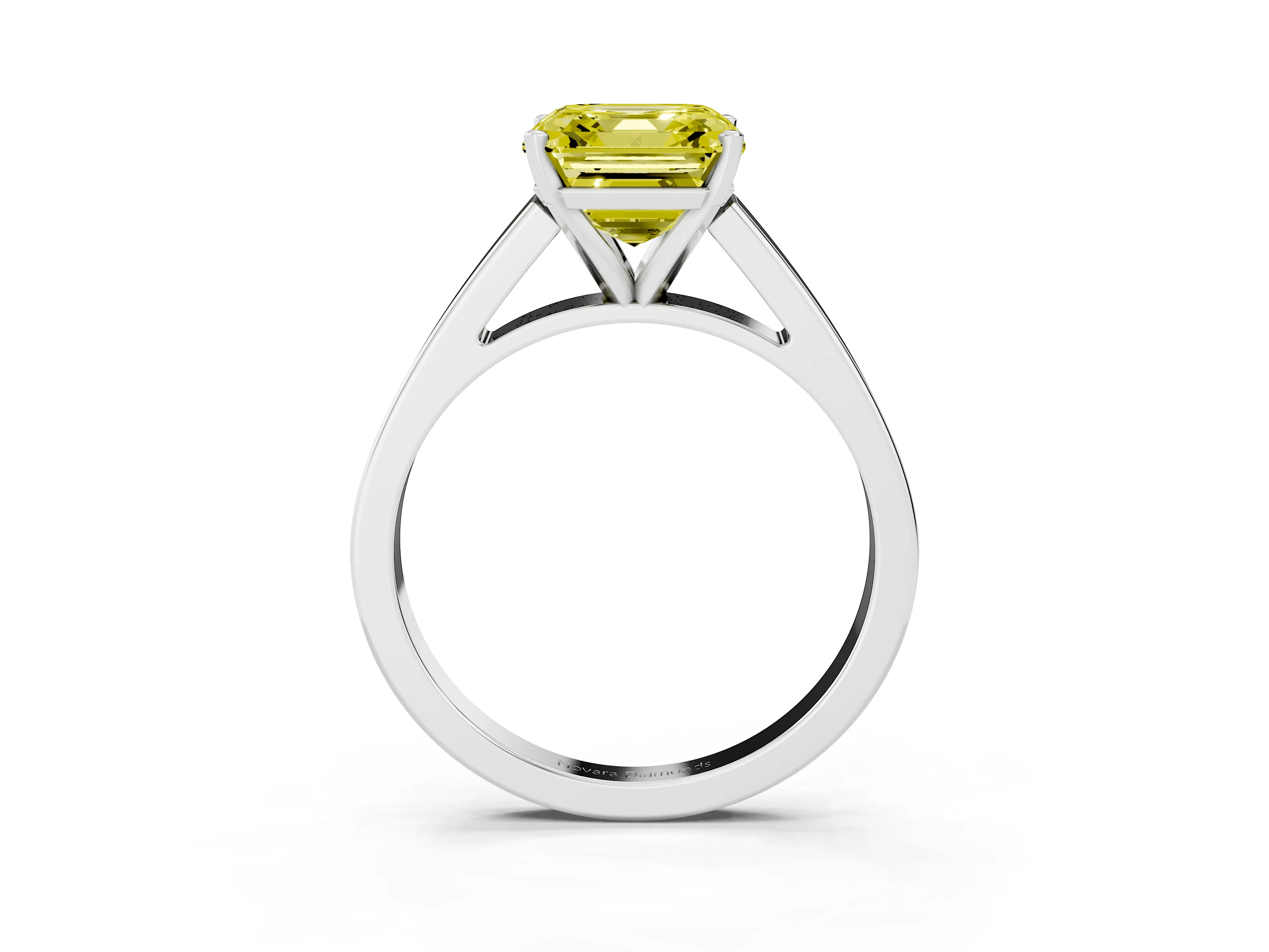 Fancy Yellow Asscher Cut Diamond Solitaire Engagement Ring Set in White gold with Prong Setting and Tapered Band