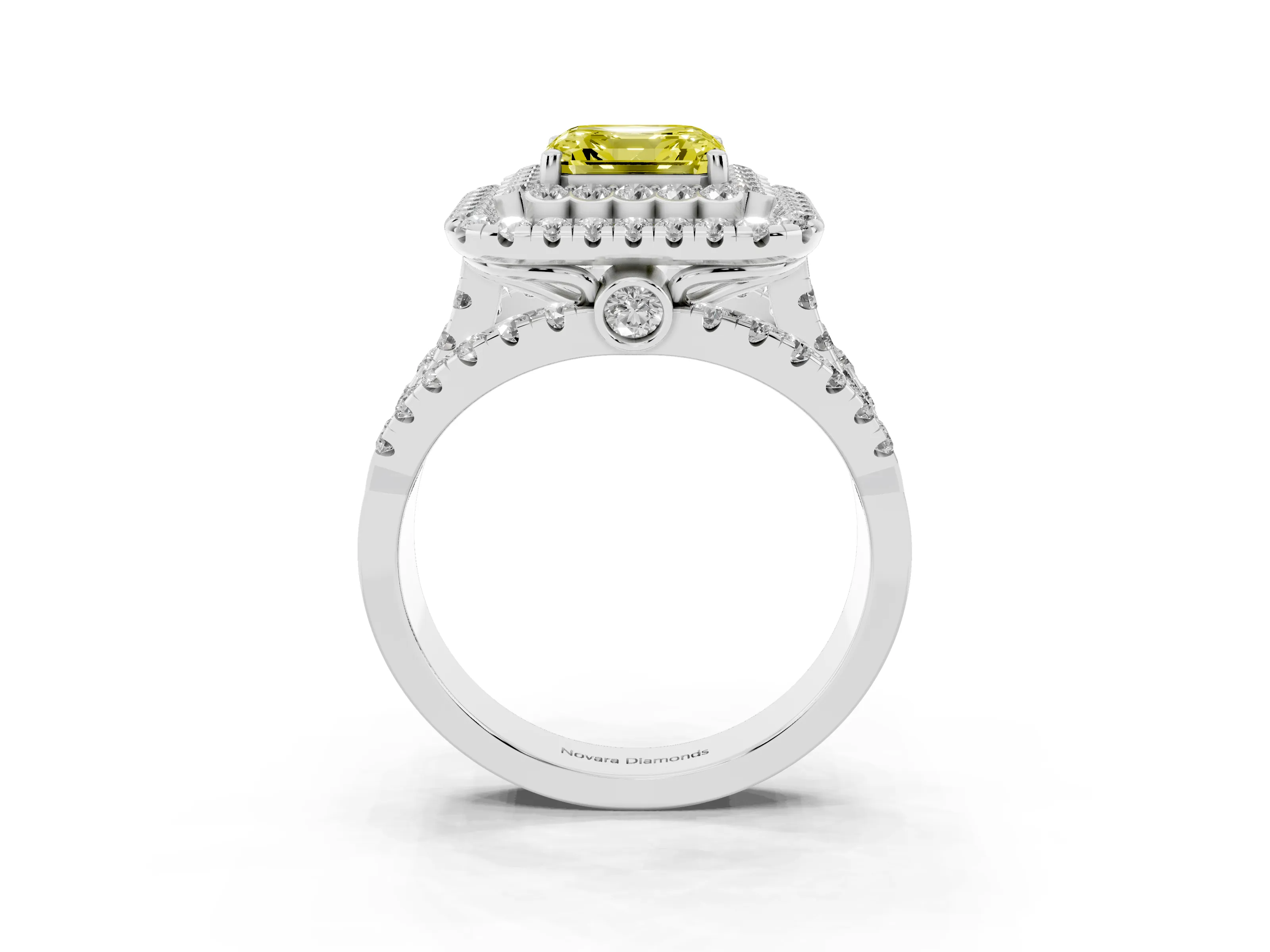 Fancy Yellow Asscher Cut Diamond Double Halo Ring Set in White gold with Round Pavé Split Shank