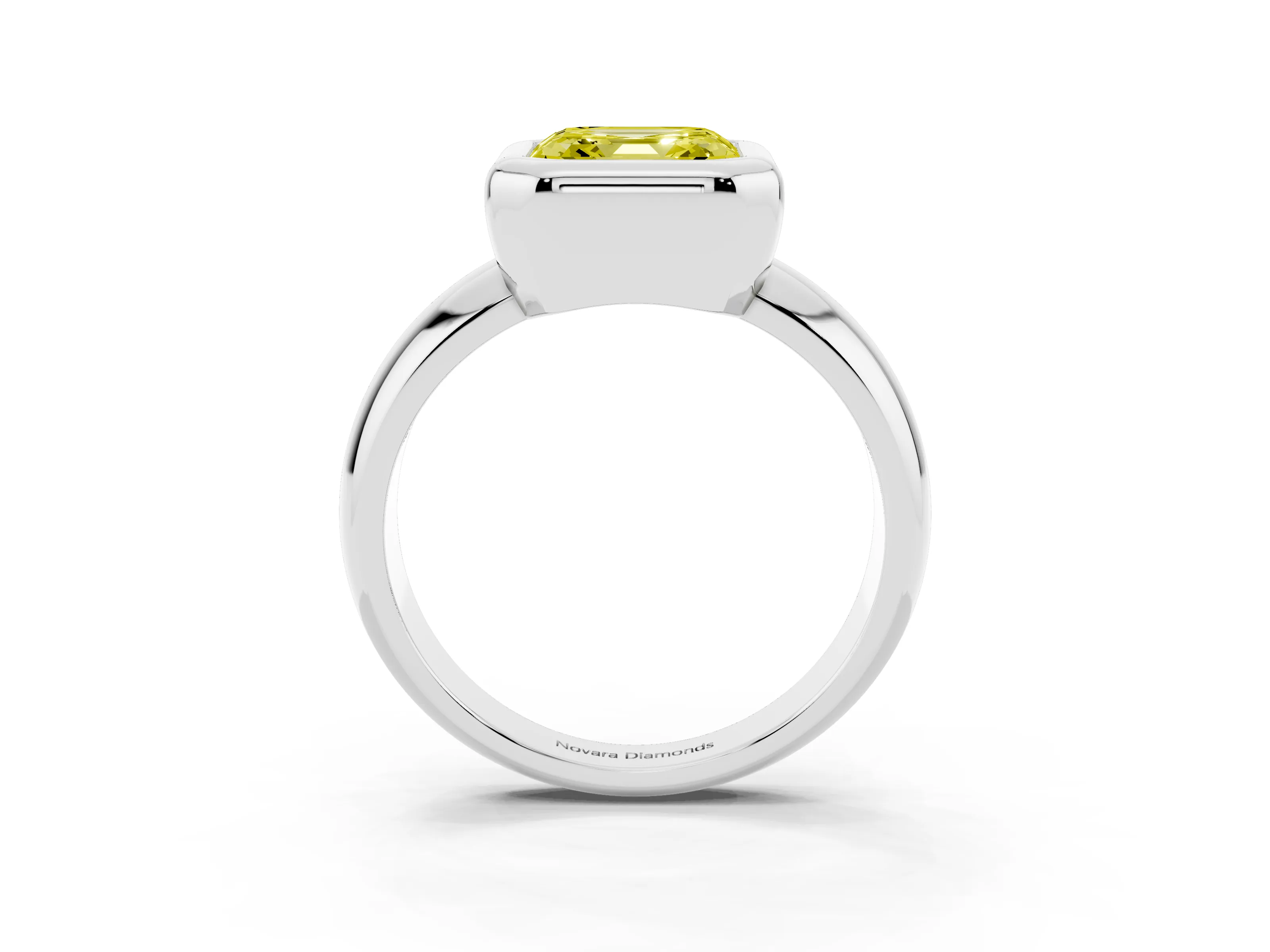 Fancy Yellow Bezel Set Asscher Cut Diamond Solitaire Ring Set in Platinum with Wide Band