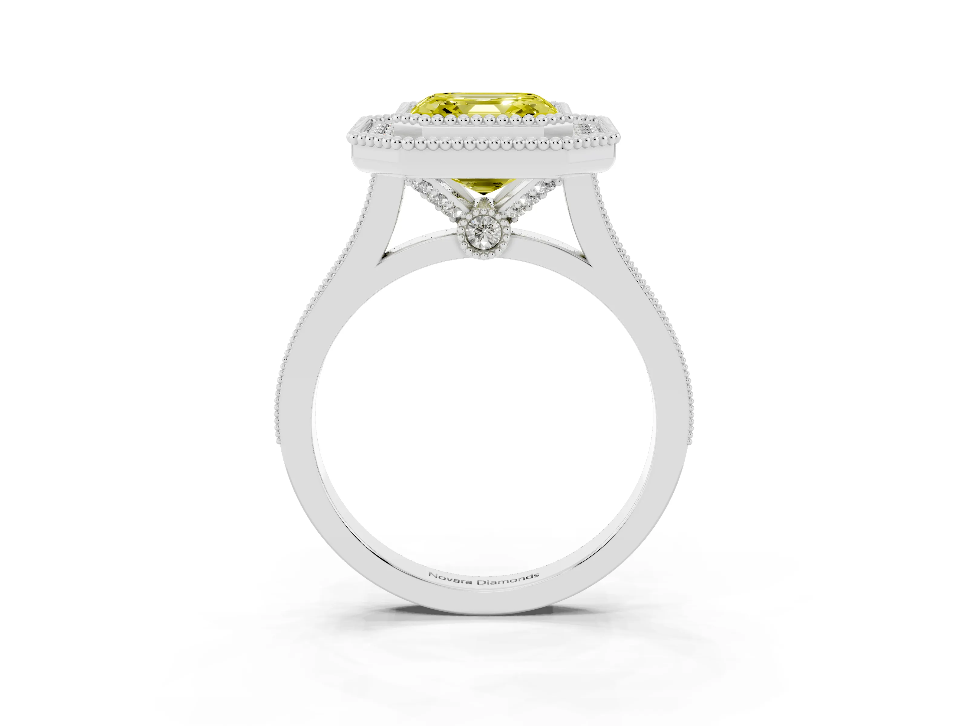 Fancy Yellow Asscher Cut Diamond Halo Ring Set in Silver with Milgrain Frame and Pavé Band