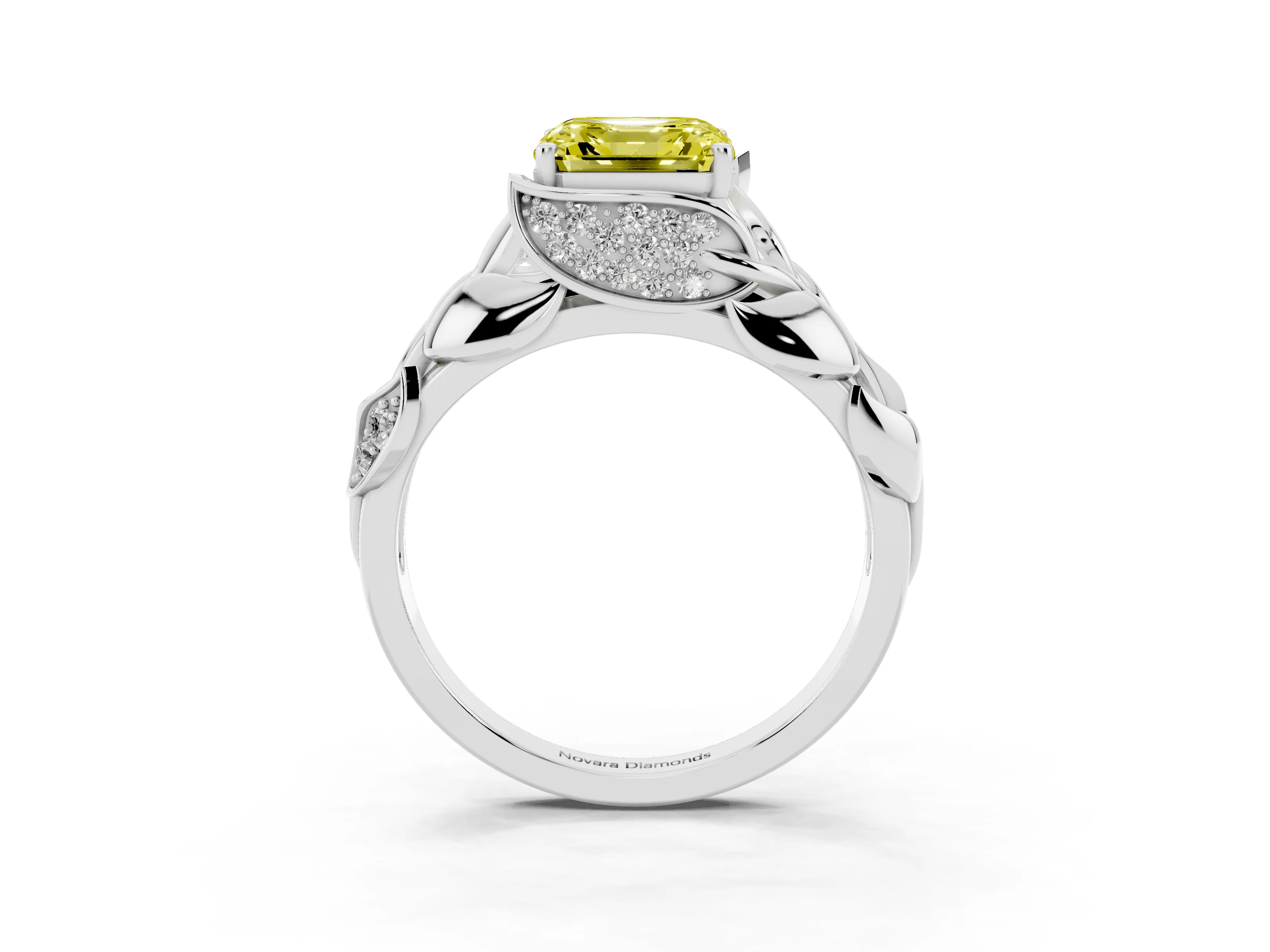 Fancy Yellow Asscher Cut Diamond Leaf-Inspired Engagement Ring Set in White gold with Round Accents