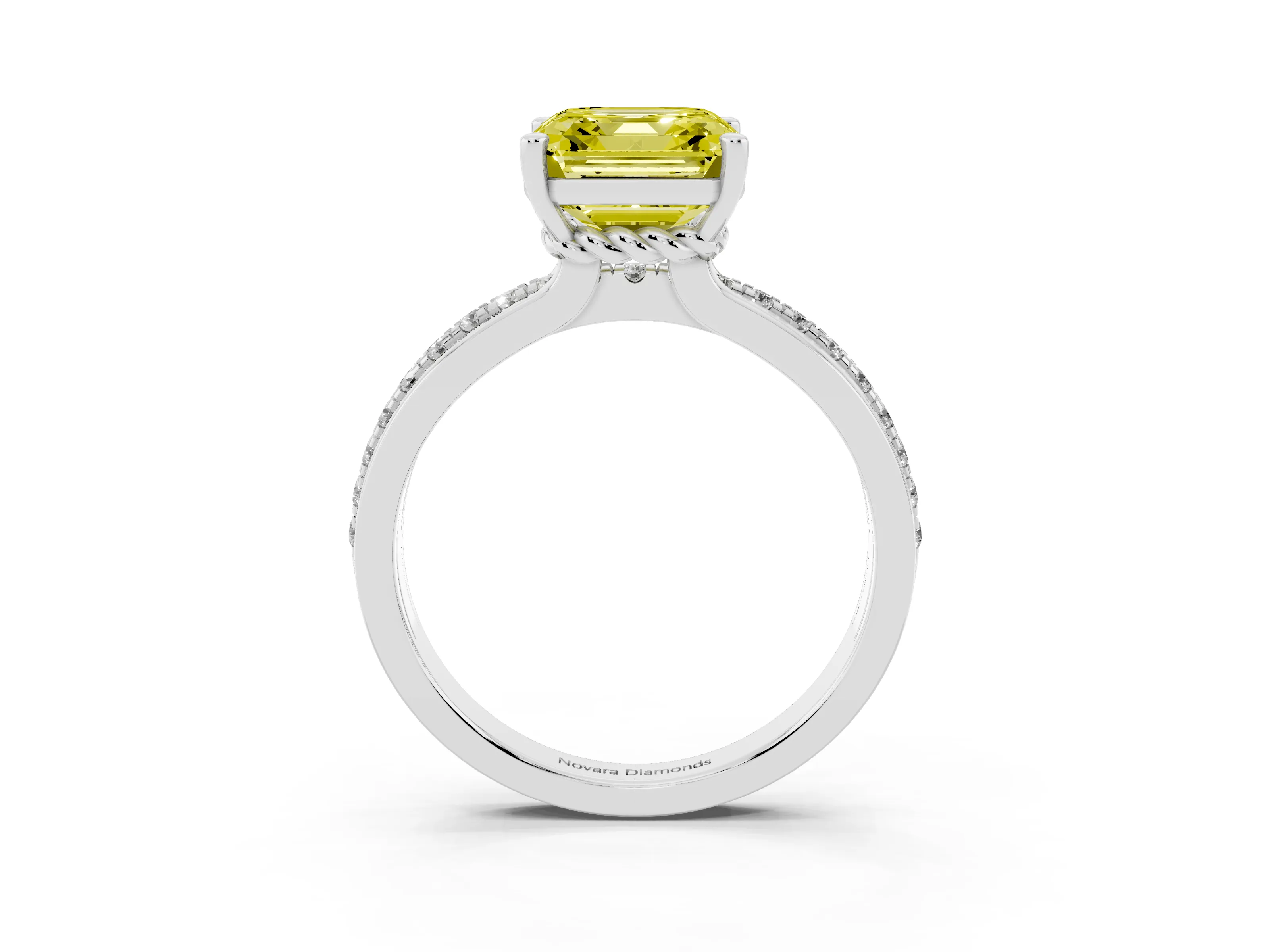 Fancy Yellow Asscher Cut Diamond Solitaire Ring Set in White gold with Channel Set Band and Prong Setting