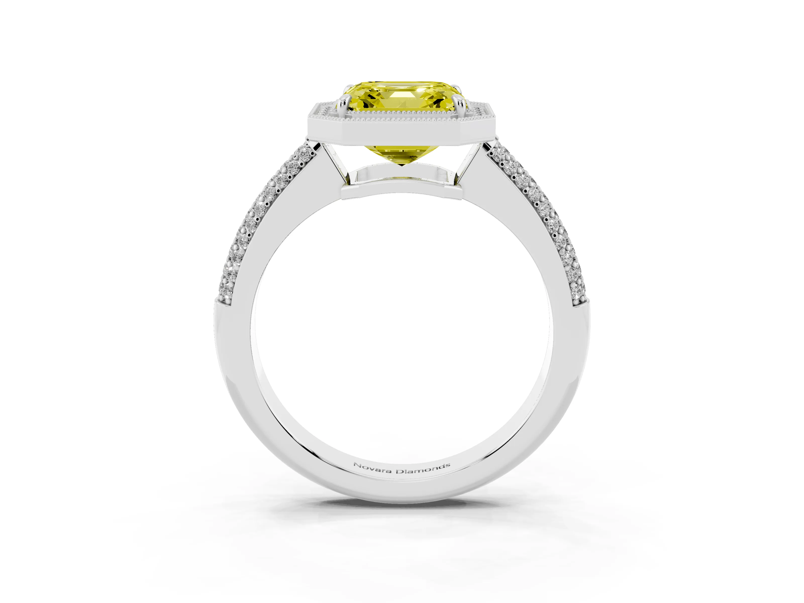 Fancy Yellow Asscher Cut Diamond Halo Pavé Band Set in White gold with Prong Setting