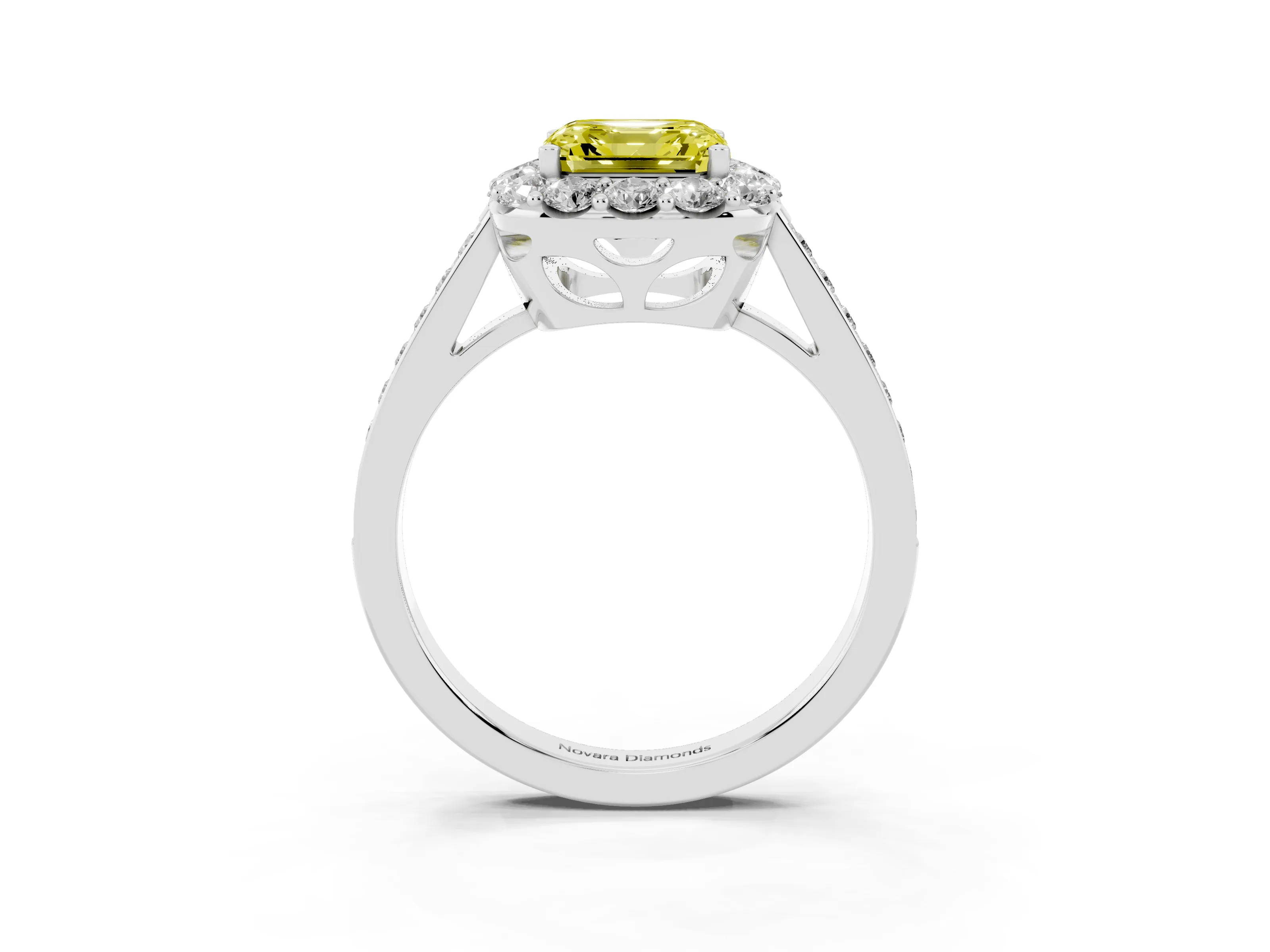 Fancy Yellow Asscher Cut Diamond Floral Halo Ring Set in White gold with Pavé Band and Prong Setting