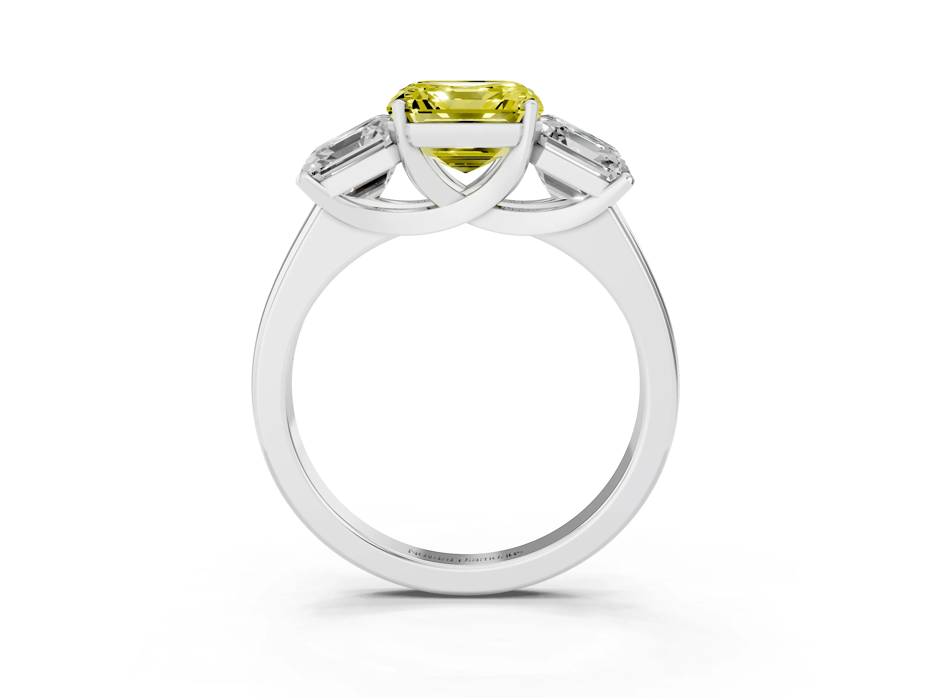 Fancy Yellow Asscher Cut Diamond Three-Stone Ring Set in Platinum with Classic Prong Setting and Plain Band