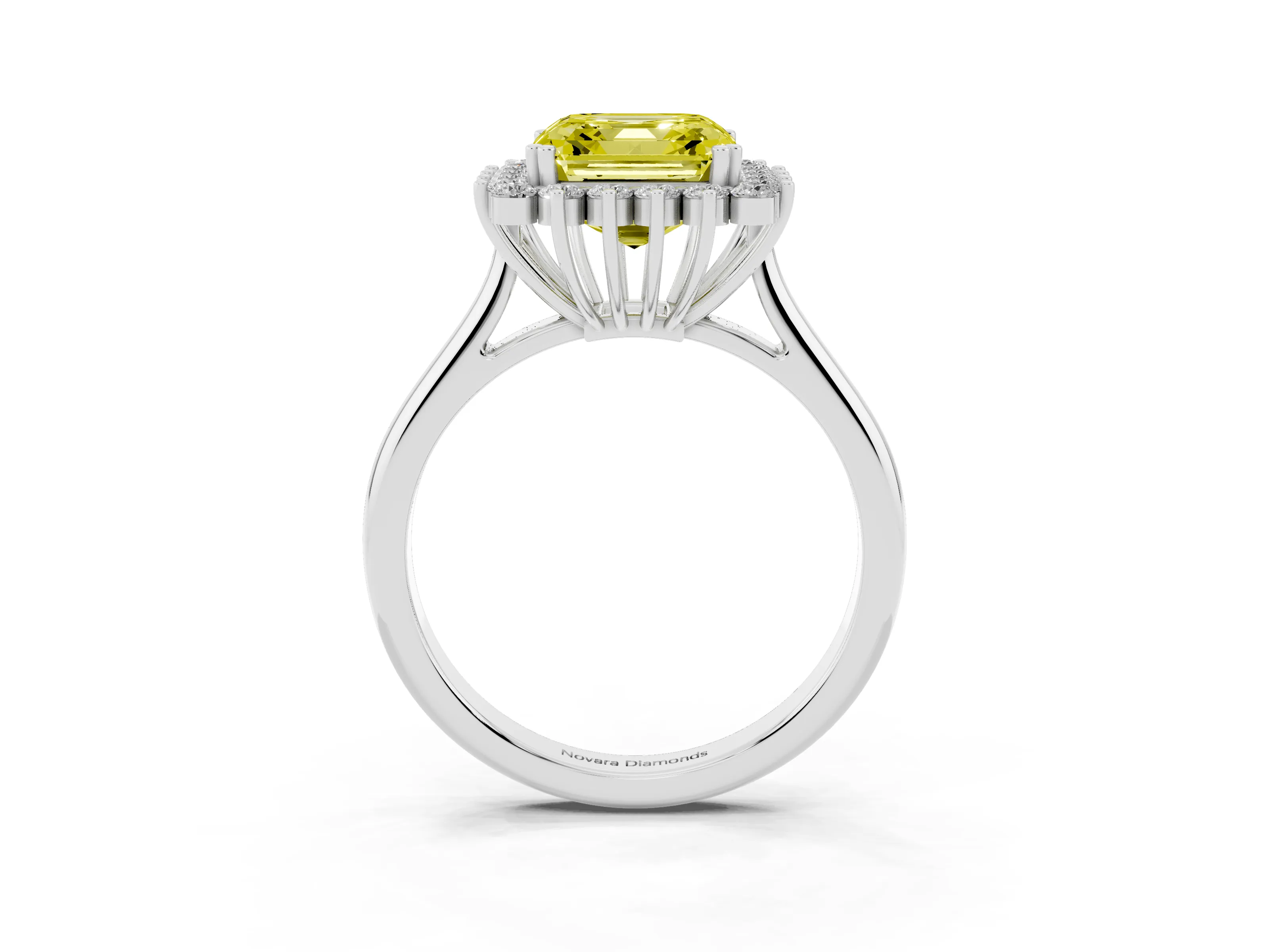 Fancy Yellow Asscher Cut Diamond Halo Ring Set in Silver with Plain Solitaire Band and Prong Setting