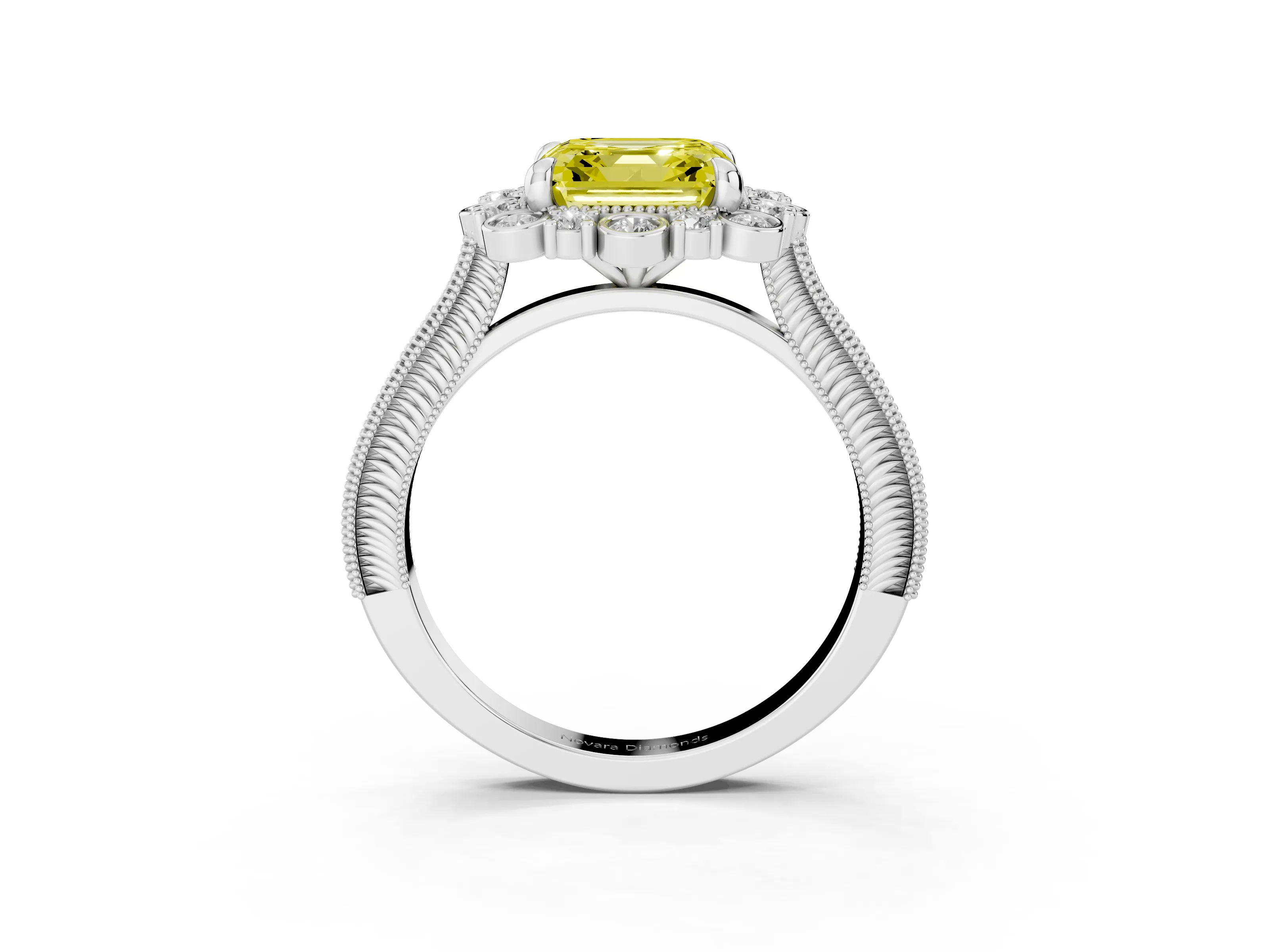Fancy Yellow Asscher Cut Diamond Halo Milgrain Pavé Ring Set in Silver with Prong Setting
