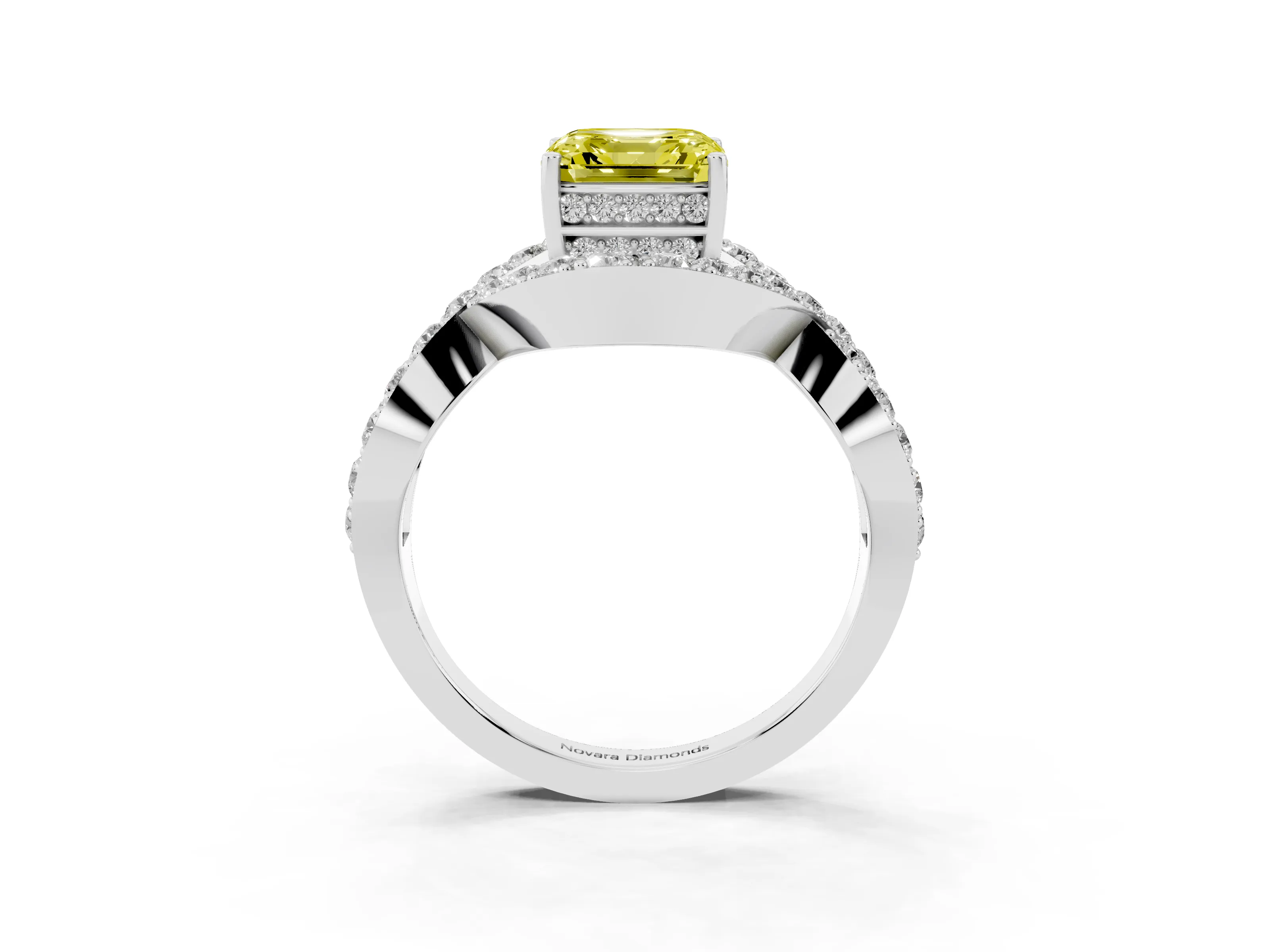 Fancy Yellow Asscher Cut Diamond Solitaire Twist Band Pavé Engagement Ring Set in Silver