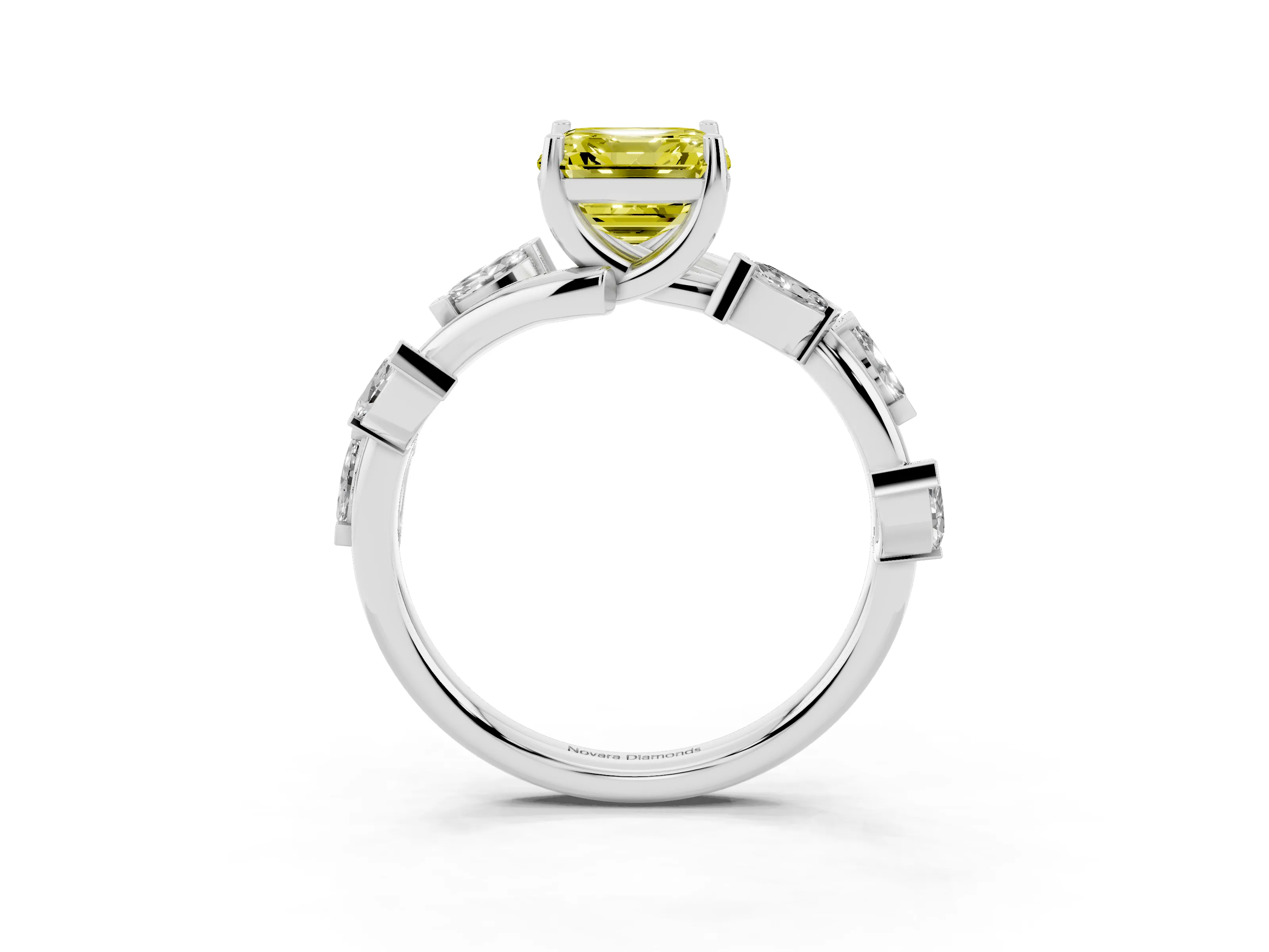 Fancy Yellow Asscher Cut Diamond Solitaire Ring Set in White gold with Twisted Marquise Accent Band