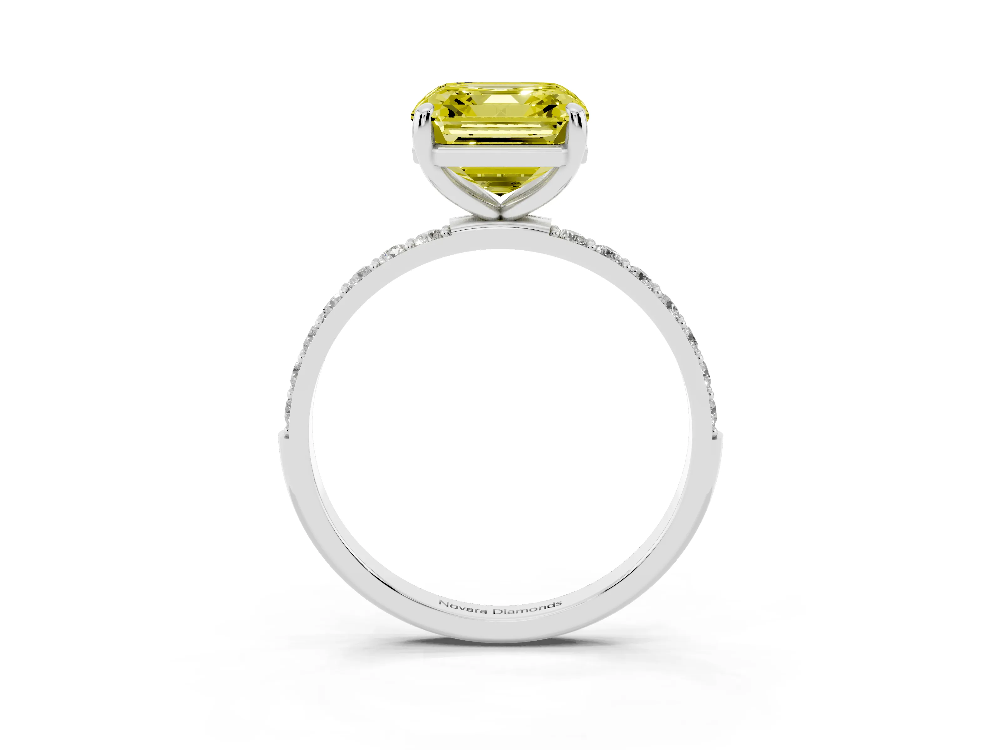 Fancy Yellow Asscher Cut Diamond Solitaire Ring Set in Silver with Round Pavé Band and Prong Setting