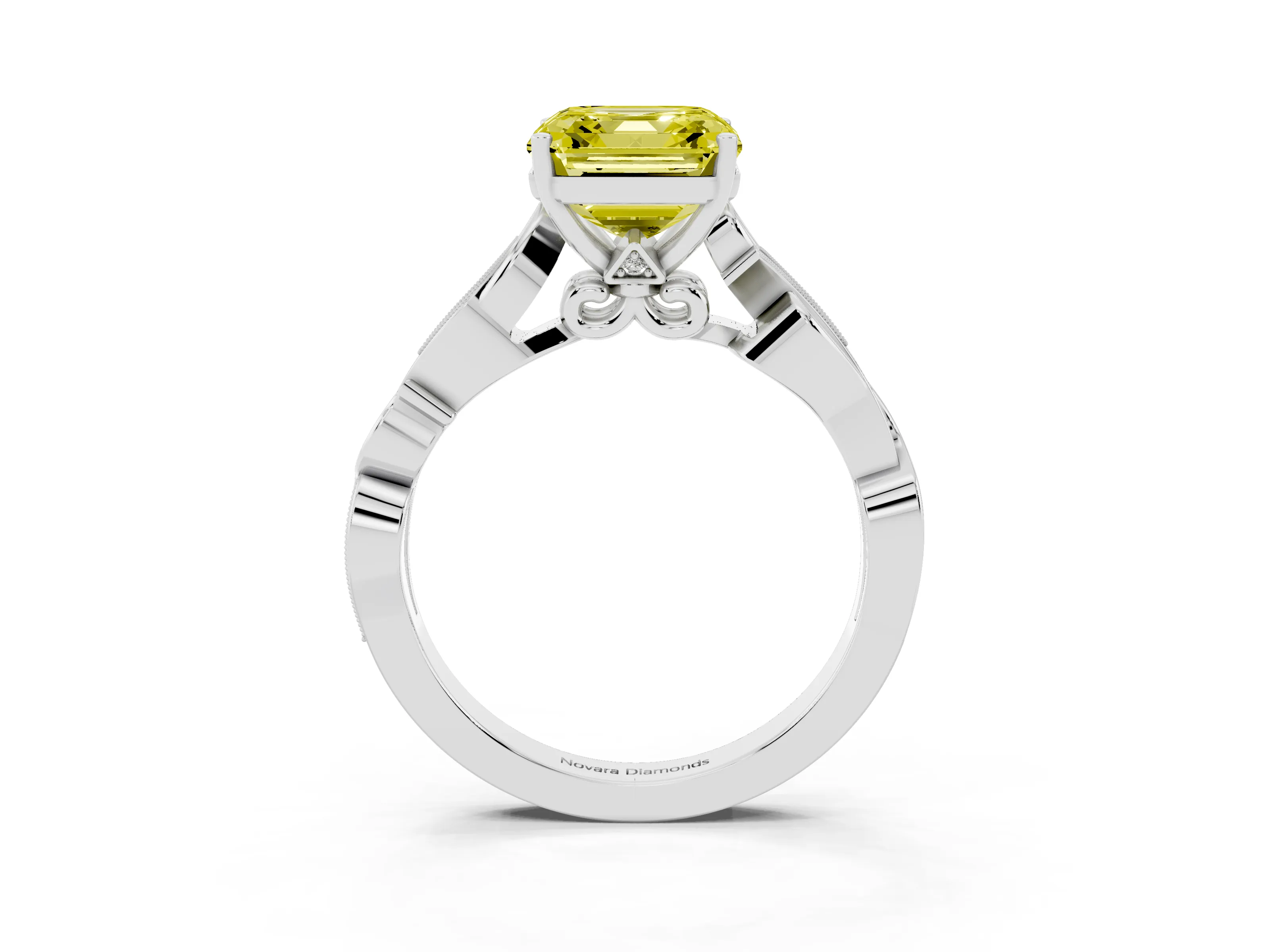 Fancy Yellow Asscher Cut Diamond Vine Band Solitaire Ring Set in White gold with Milgrain Prong Setting