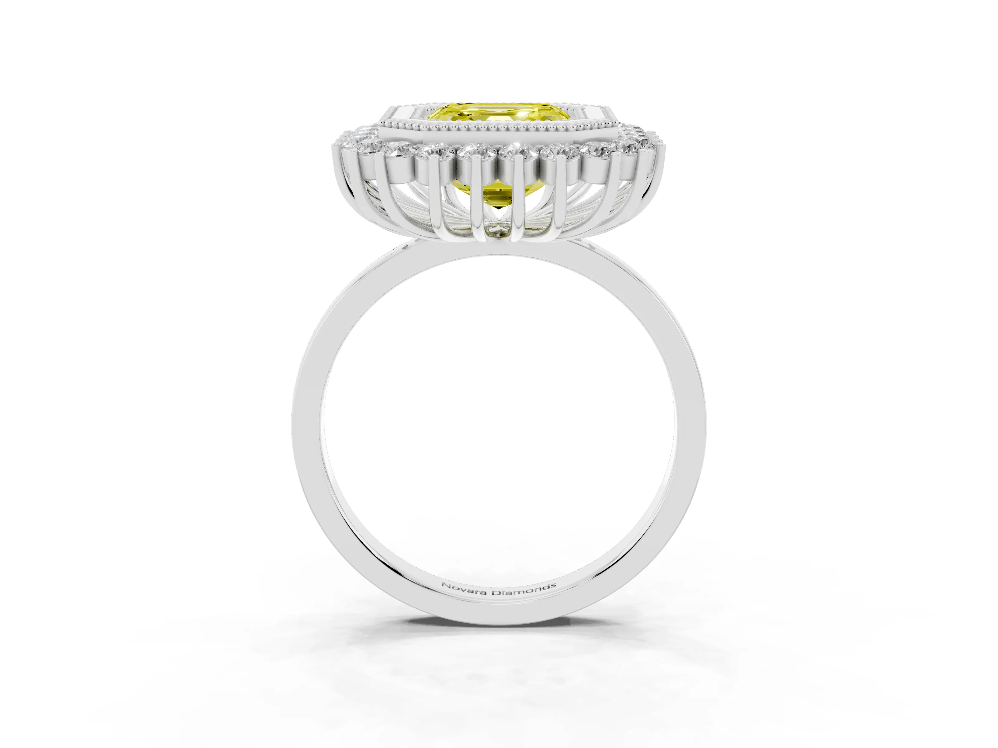 Fancy Yellow Asscher Cut Diamond Halo Ring Set in Silver with Milgrain Edge and Round Prong Setting