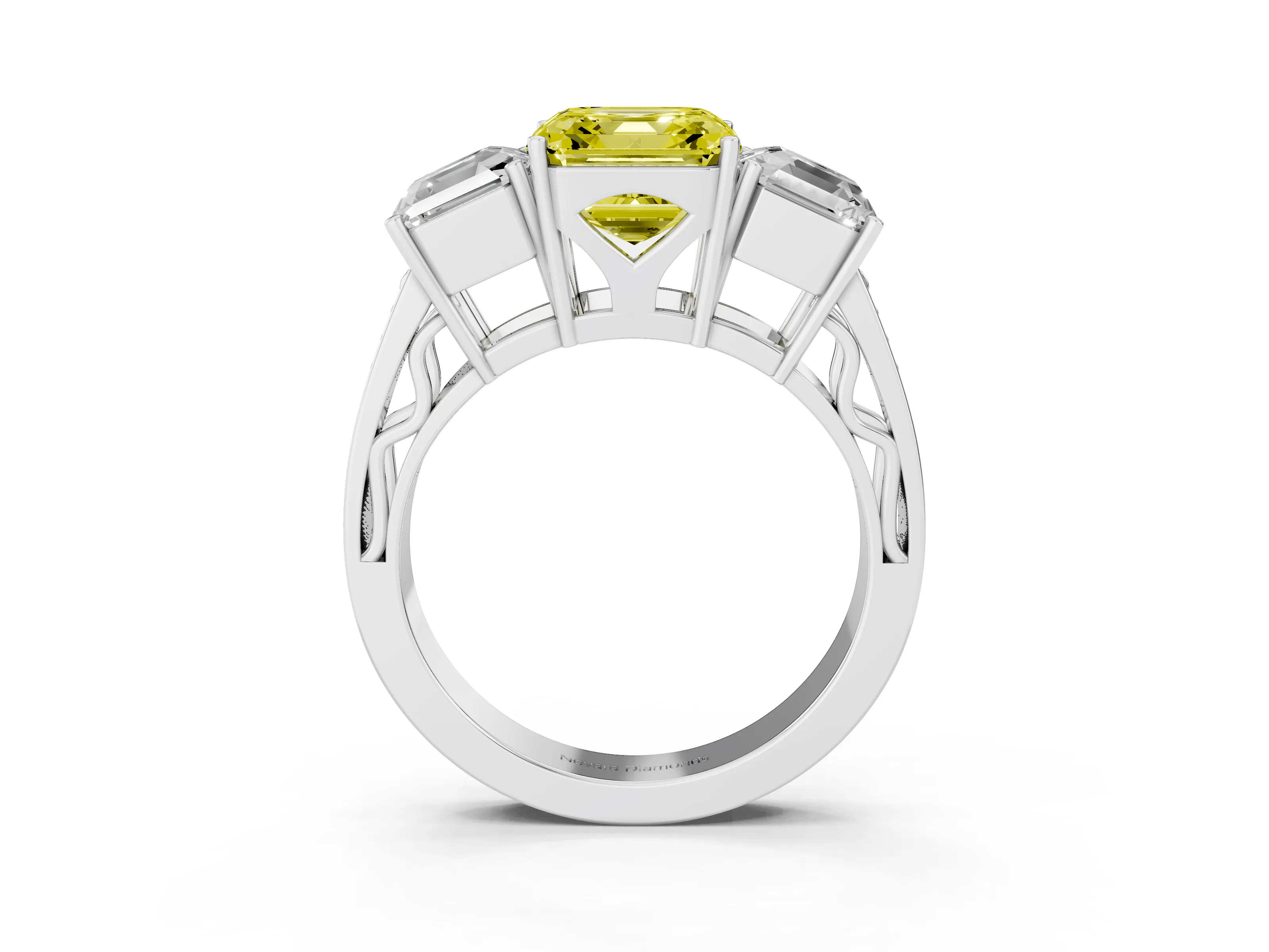 Fancy Yellow Asscher Cut Diamond Three-Stone Ring Set in White gold with Textured Band