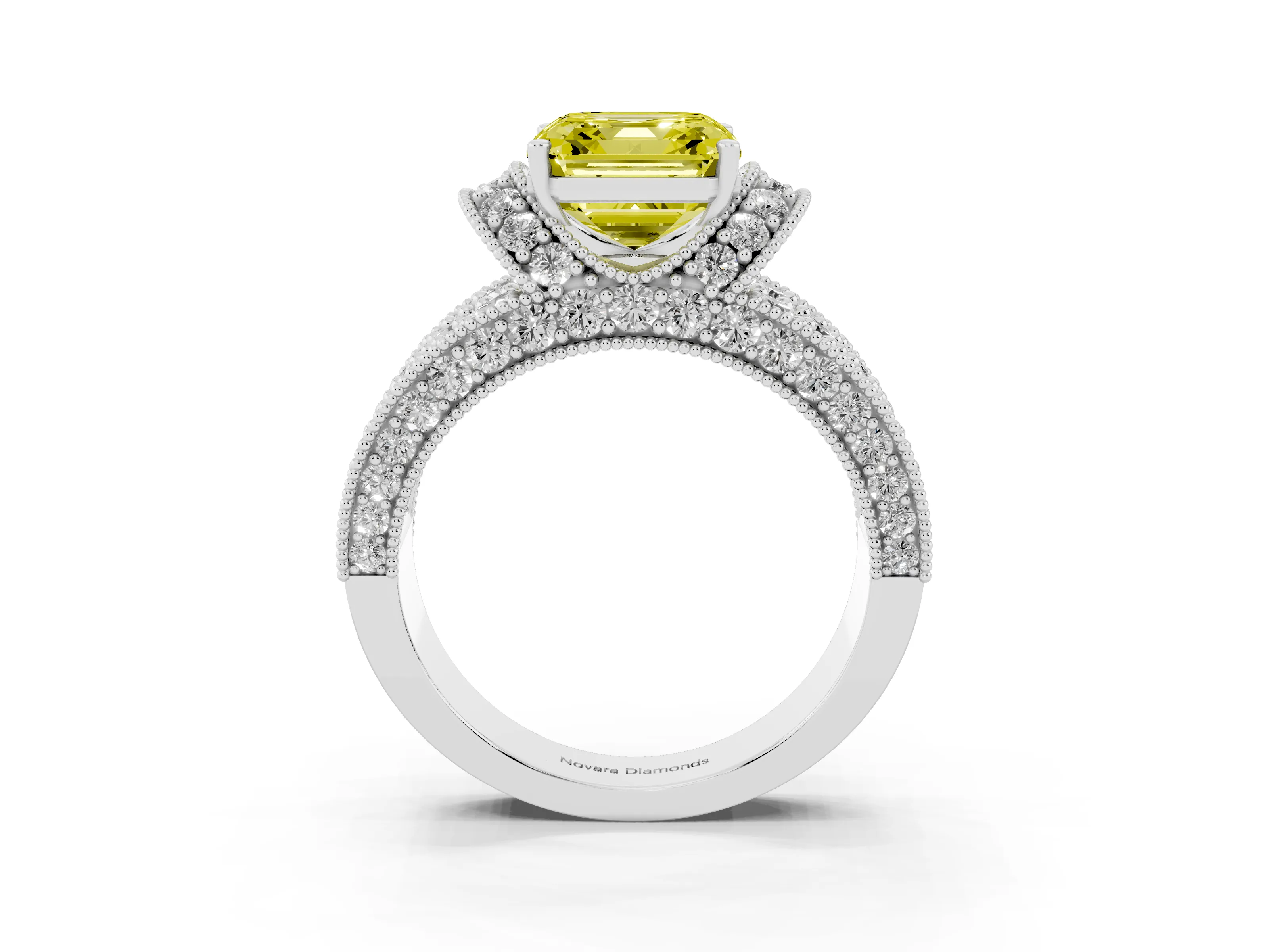 Fancy Yellow Asscher Cut Diamond Milgrain Halo Pavé Engagement Ring Set in Platinum with Prong Setting