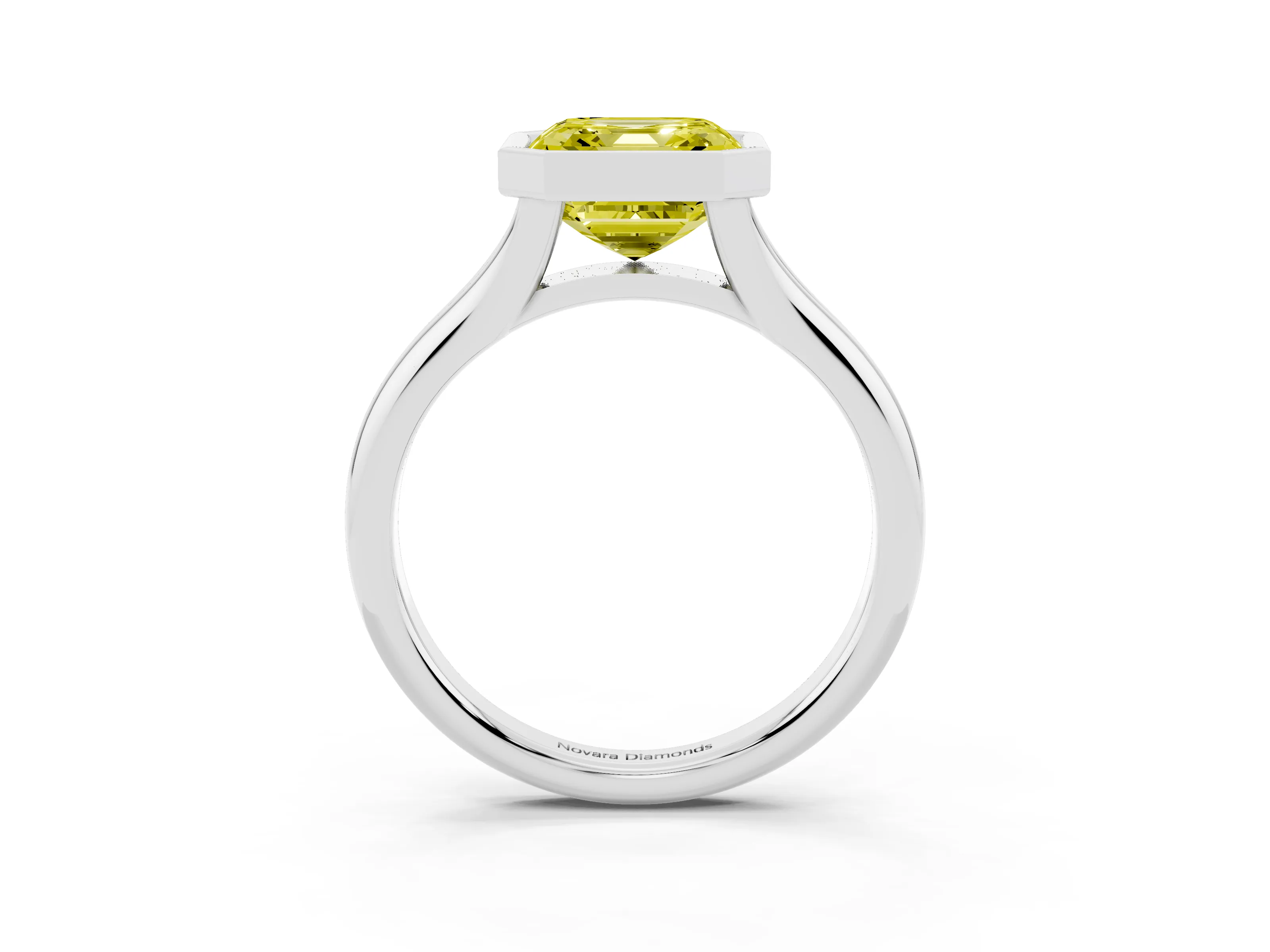Fancy Yellow Bezel Set Asscher Cut Diamond Solitaire Ring Set in Silver with Smooth Band