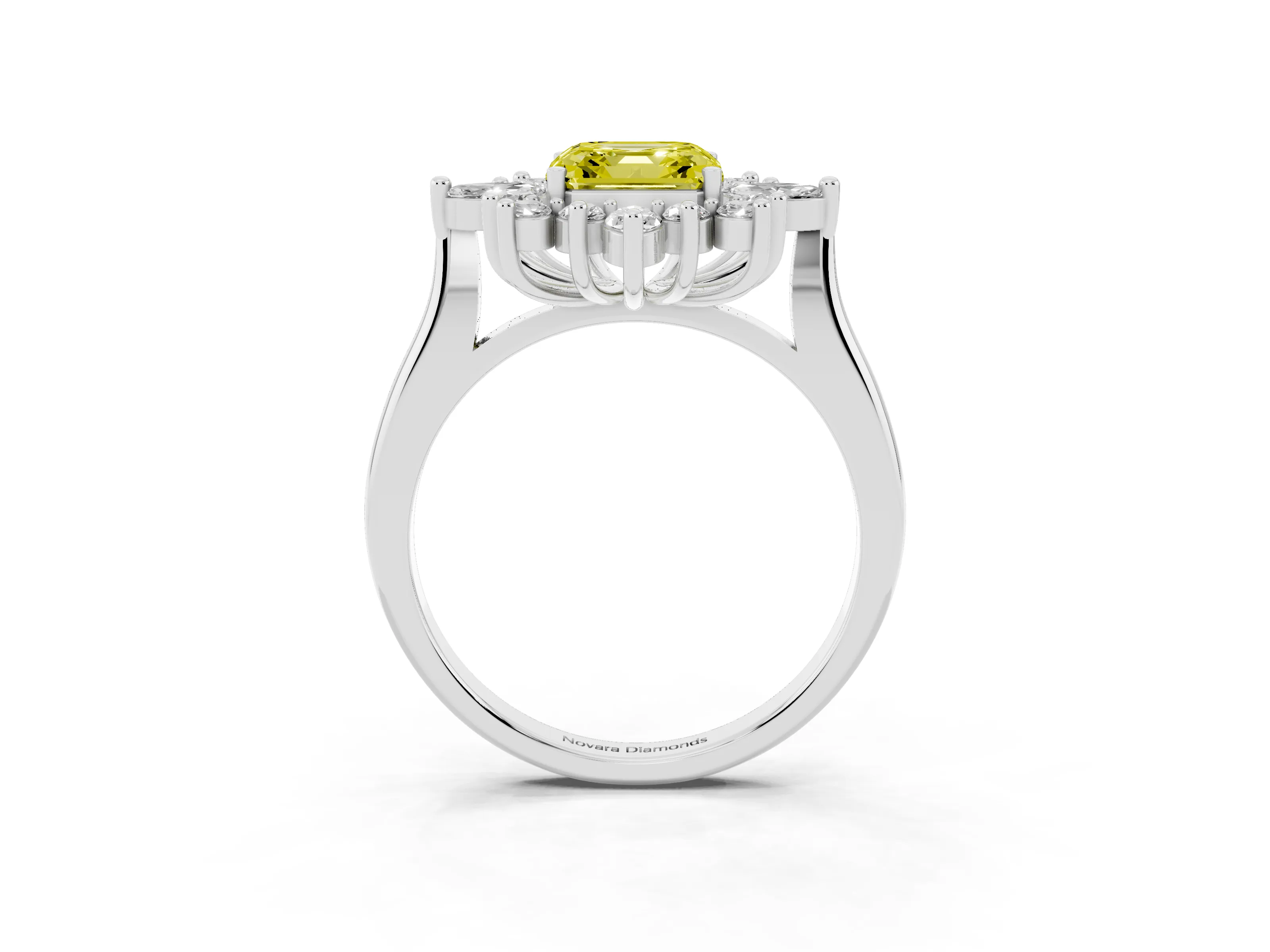 Fancy Yellow Asscher Cut Diamond Cluster Halo Ring Set in White gold with Marquise and Round Accents