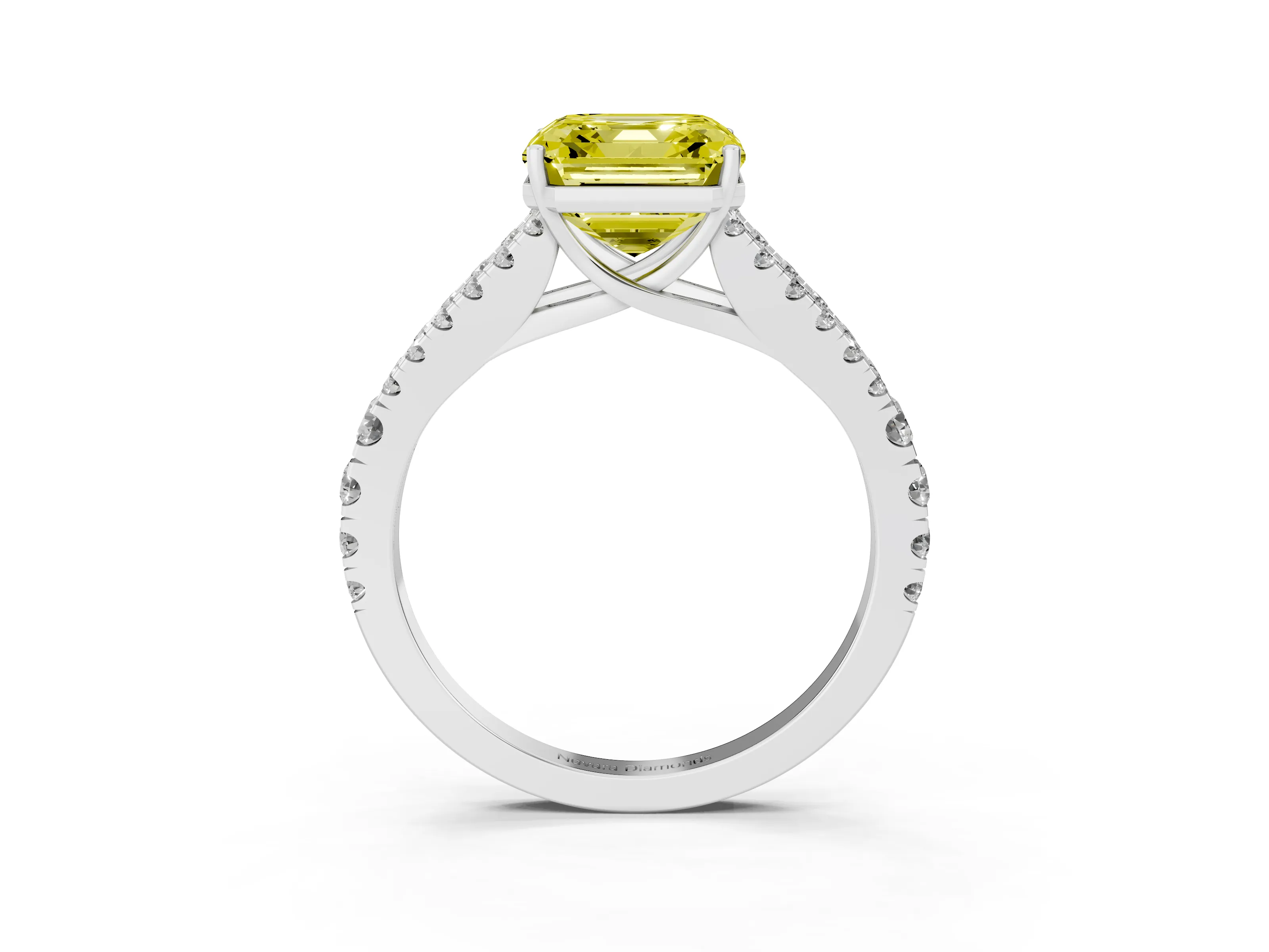 Fancy Yellow Asscher Cut Diamond Split Shank Pavé Engagement Ring Set in White gold with Prong-Held Center Stone