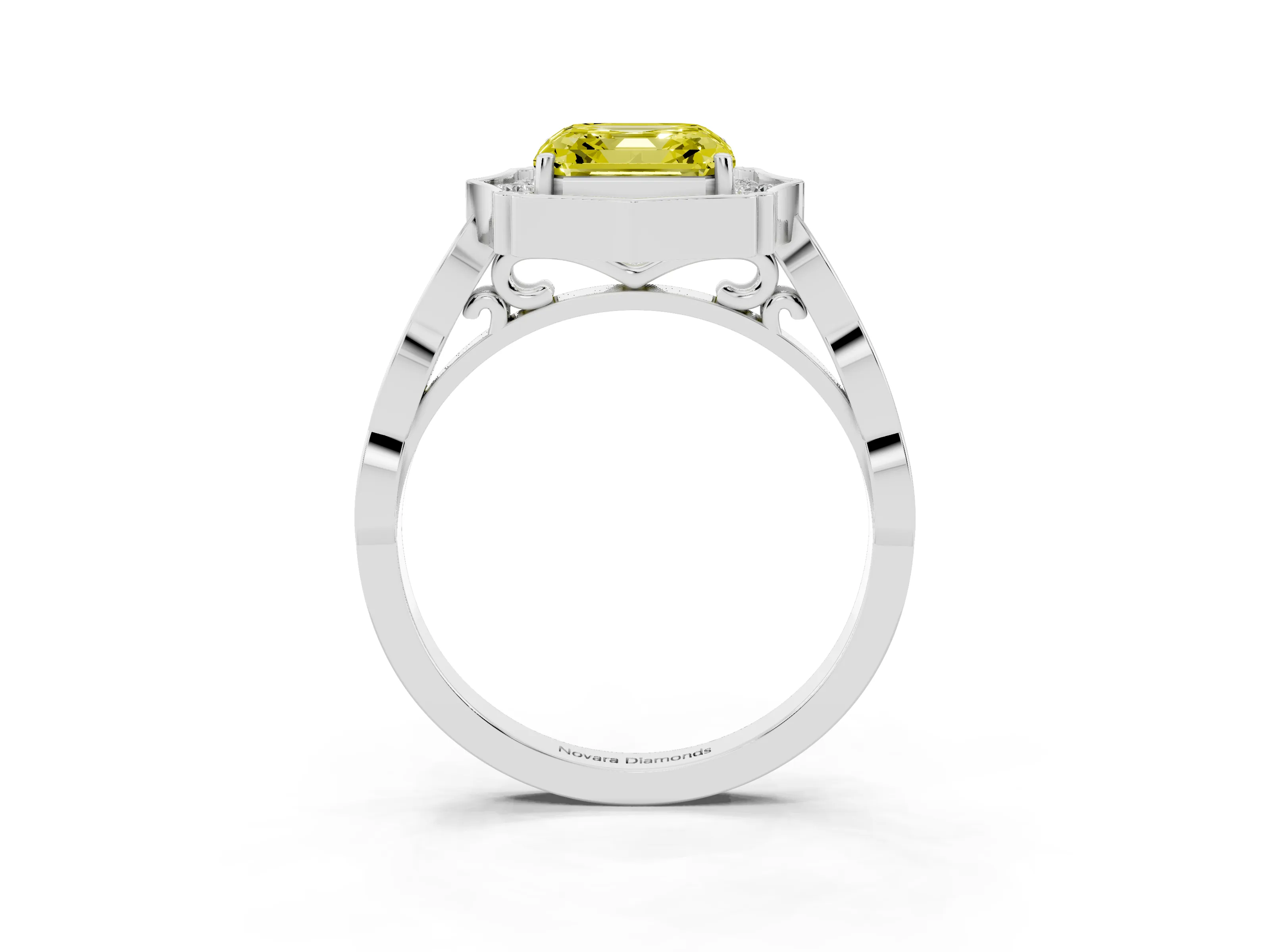 Fancy Yellow Asscher Cut Diamond Halo Engagement Ring Set in Platinum with Milgrain Band and Prong Setting