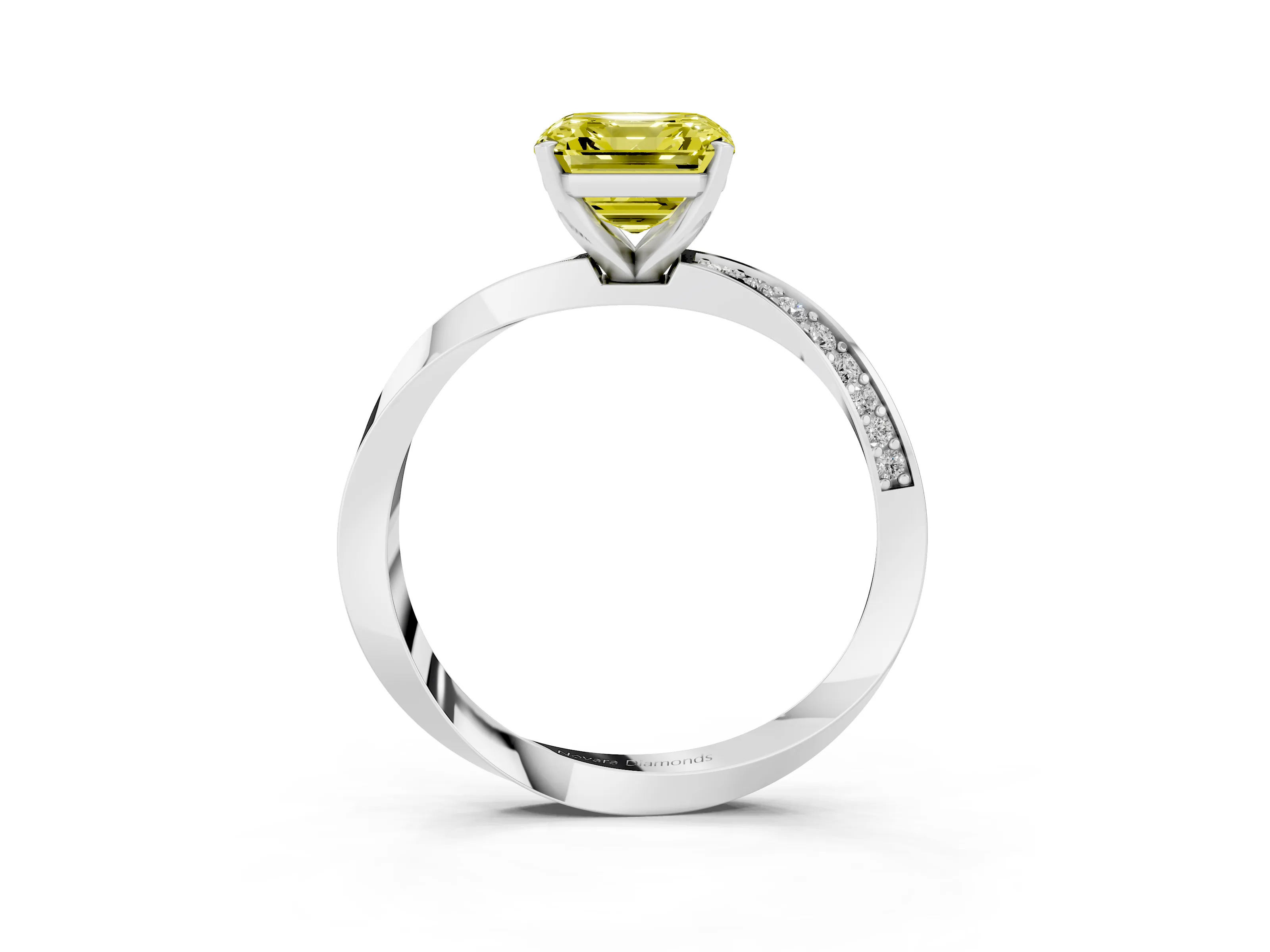 Fancy Yellow Asscher Cut Diamond Engagement Ring Set in White gold with Side Stone Accents and Prong Setting