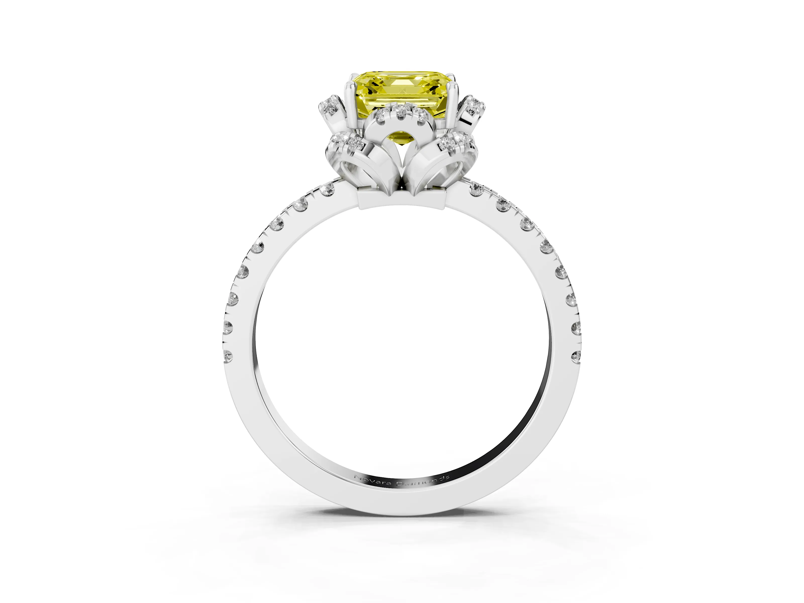 Fancy Yellow Asscher Cut Diamond Halo Pavé Band Ring Set in White gold with Prong-Held Center