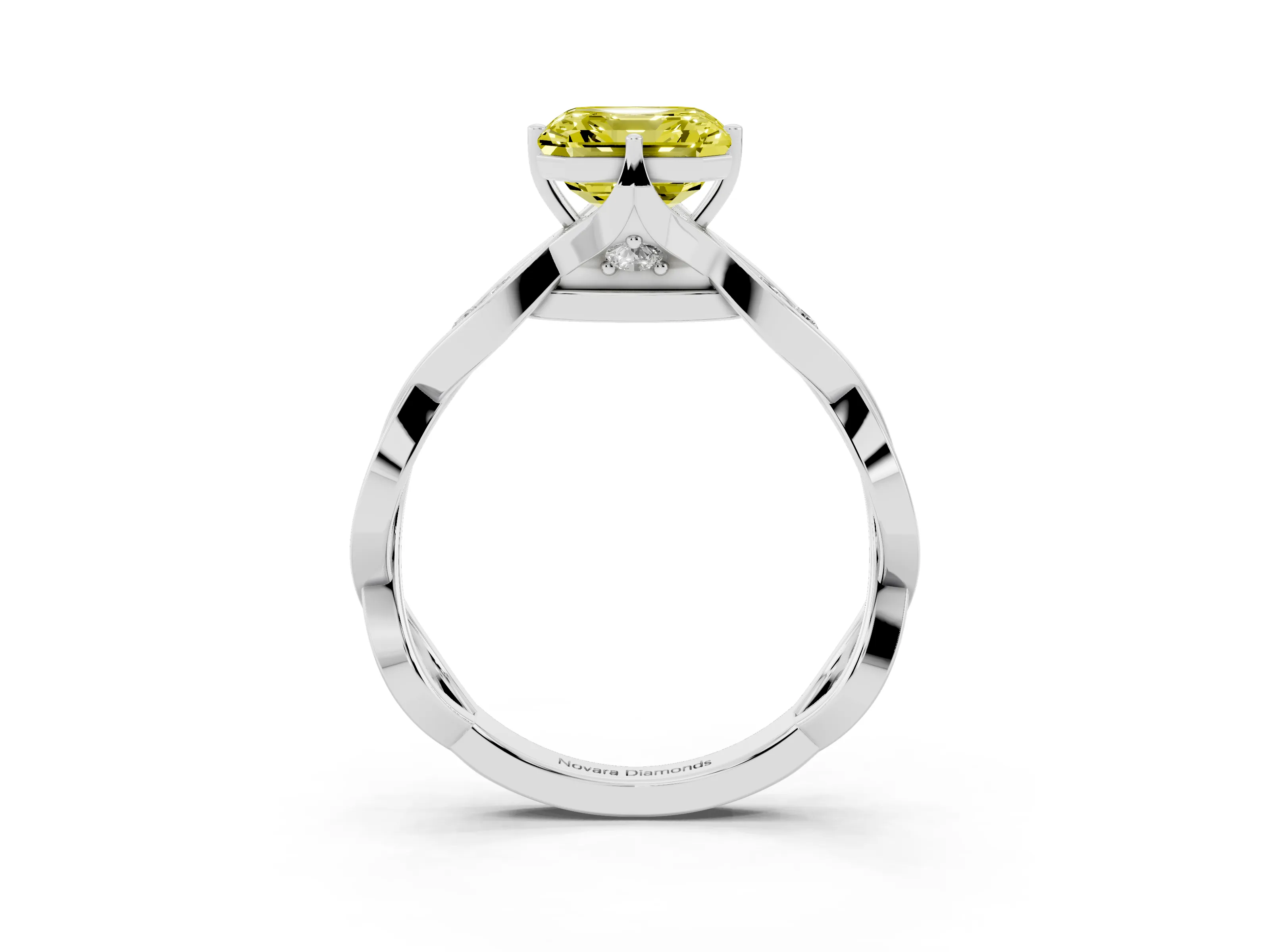 Fancy Yellow Asscher Cut Diamond Twist Band Solitaire Ring Set in Platinum with Leaf Prong Setting and Accent Stones