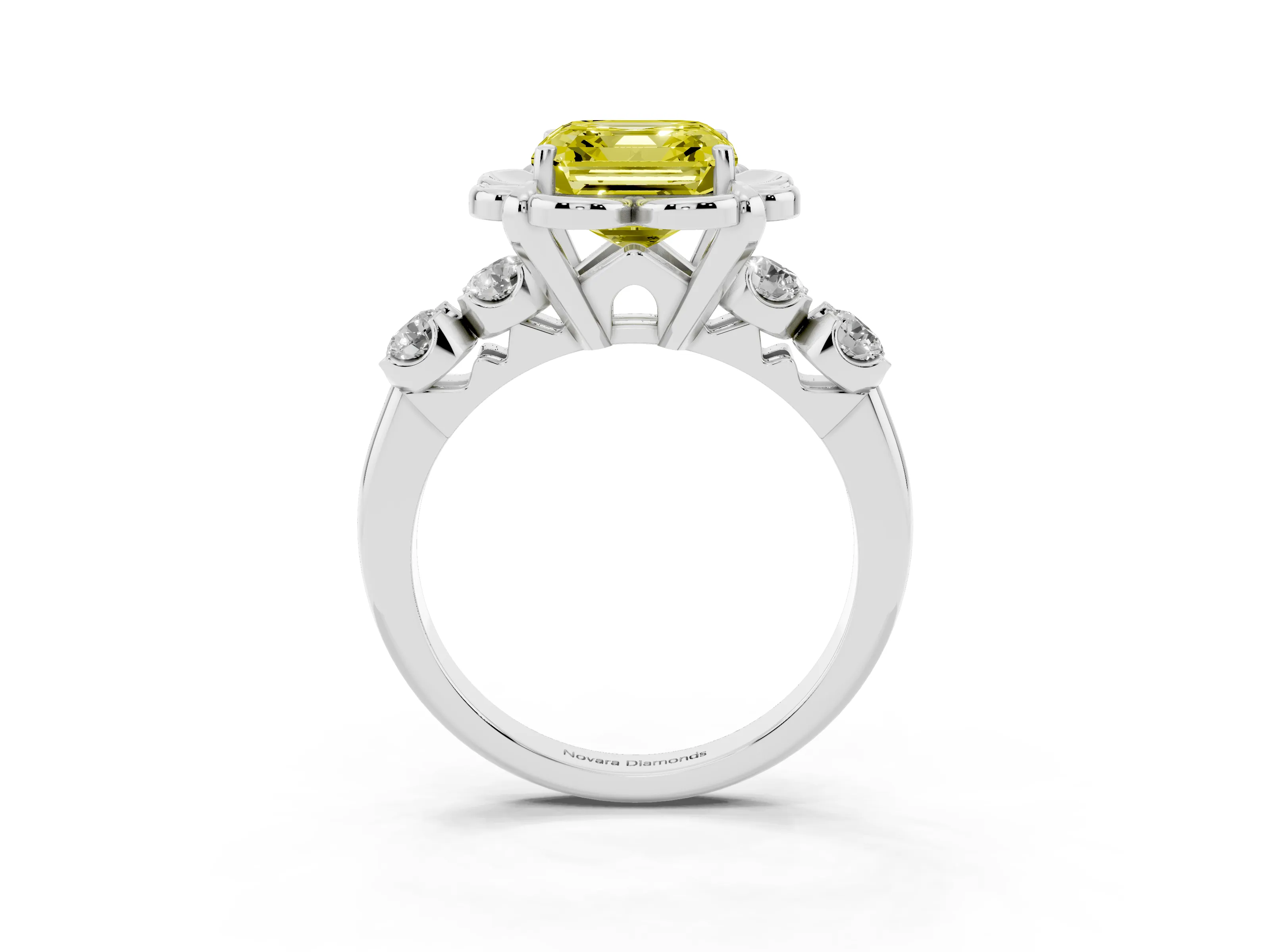 Fancy Yellow Asscher Cut Diamond Floral Halo Ring Set in Platinum with Shared Prong Band