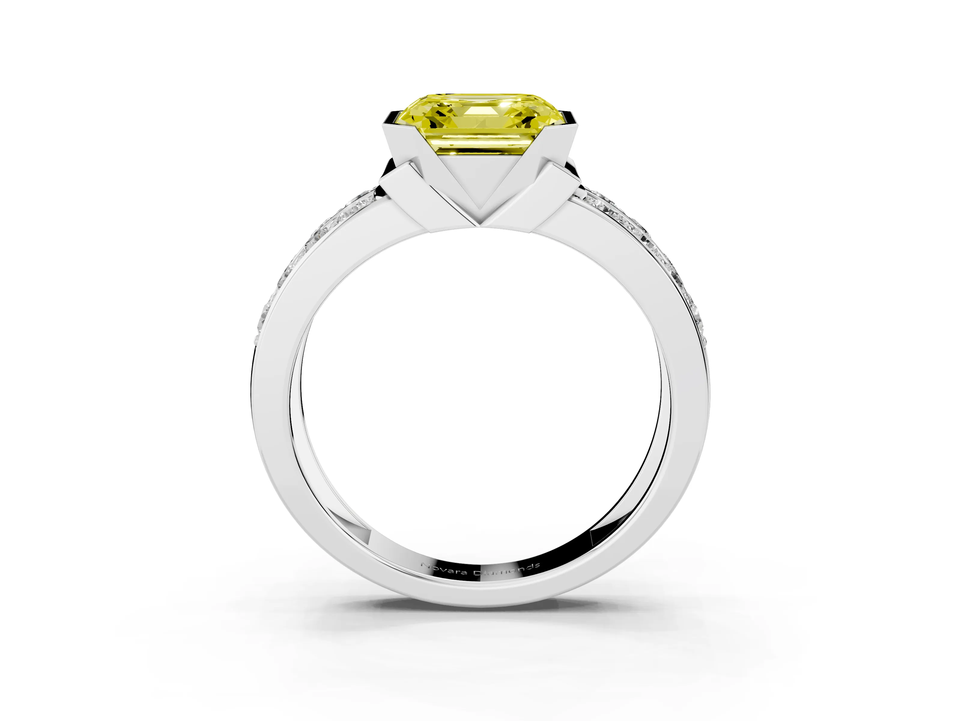 Fancy Yellow Asscher Cut Diamond Wide Channel Set Band Ring Set in Platinum with Bezel Setting