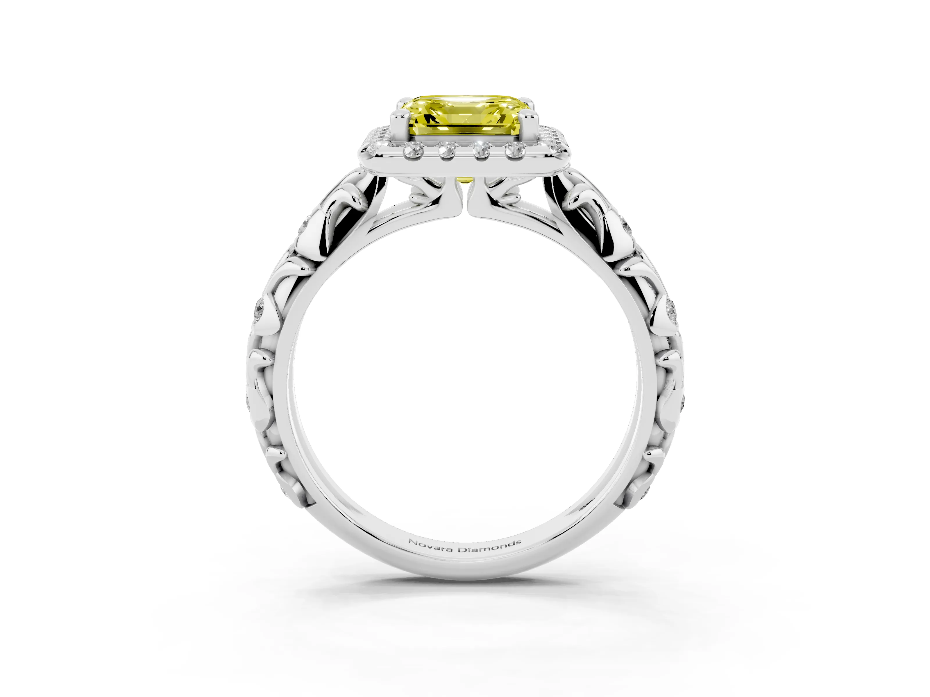 Fancy Yellow Asscher Cut Diamond Halo Ring Set in Platinum with Filigree Leaf Band and Prong Setting