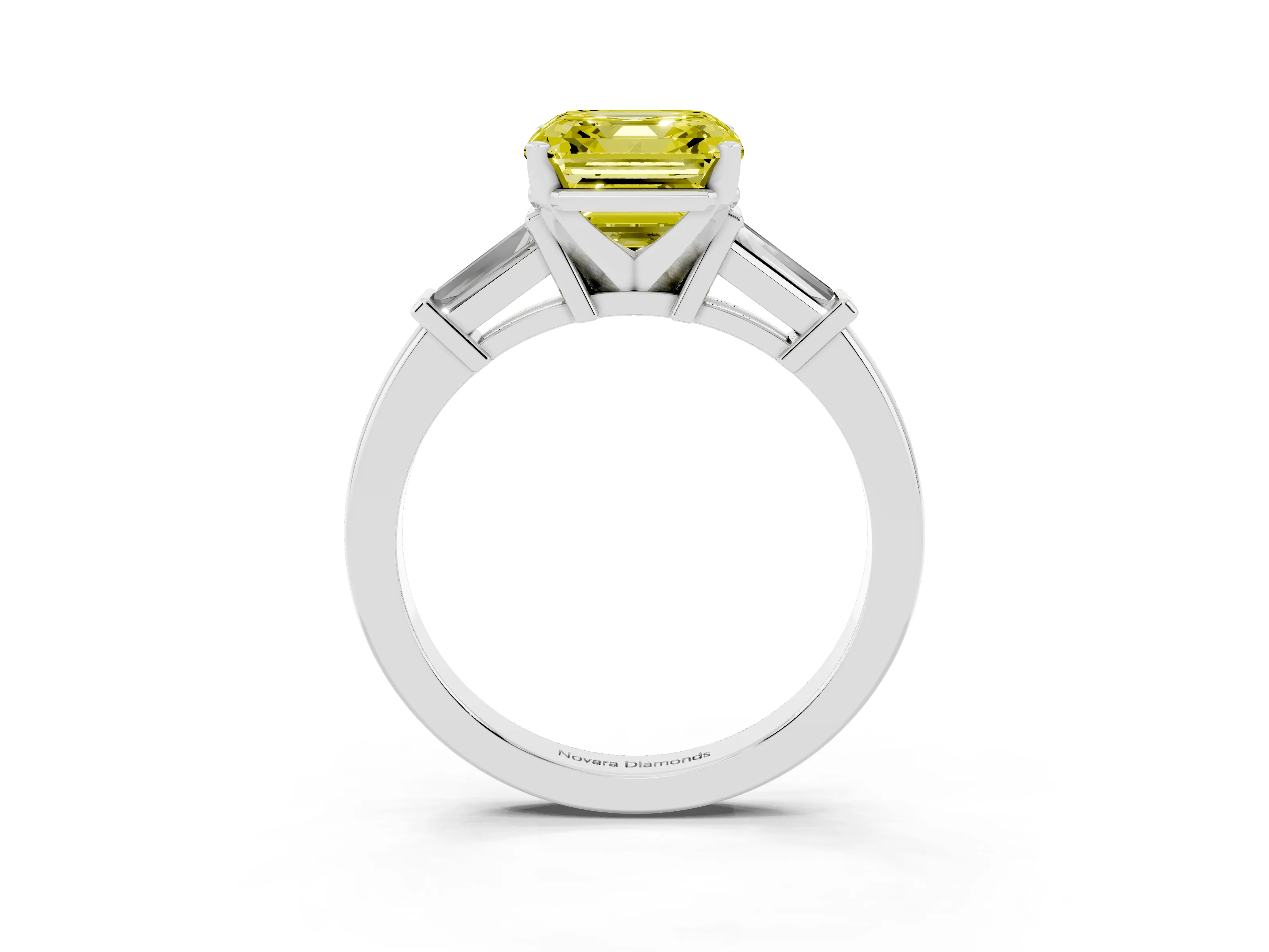 Fancy Yellow Asscher Cut Diamond Solitaire Ring Set in White gold with Tapered Baguette Accents and Prong Setting