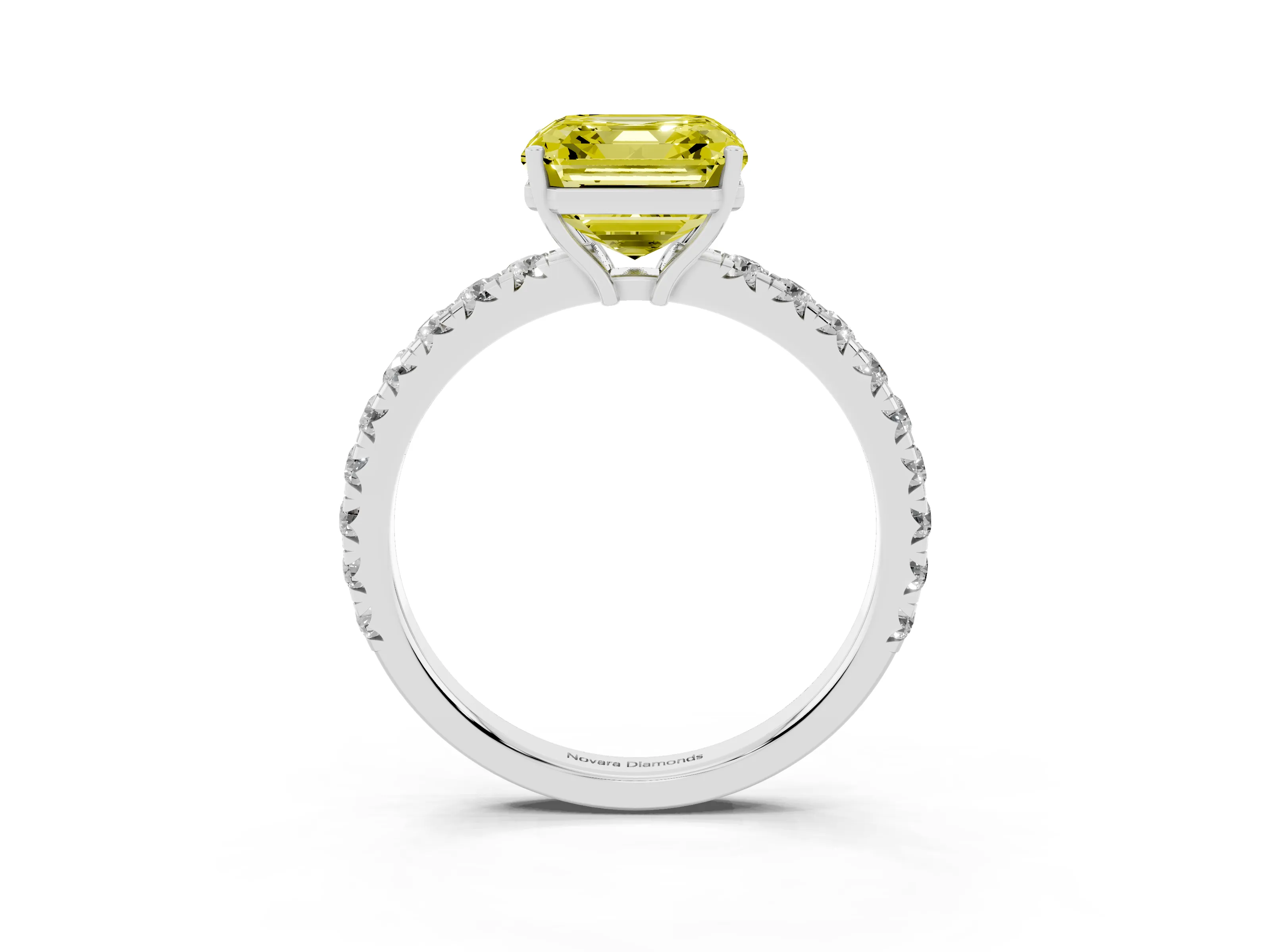 Fancy Yellow Asscher Cut Diamond Pavé Solitaire Engagement Ring Set in Platinum with Prong Setting