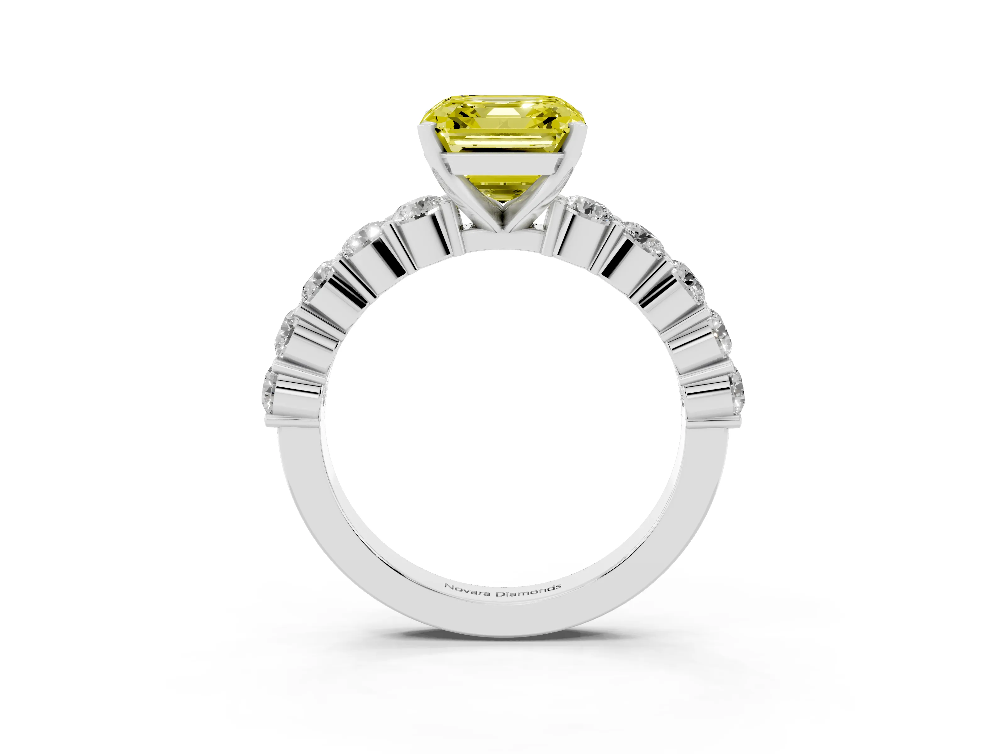 Fancy Yellow Asscher Cut Diamond Solitaire Ring Set in White gold with Shared Prong Round Side Stones