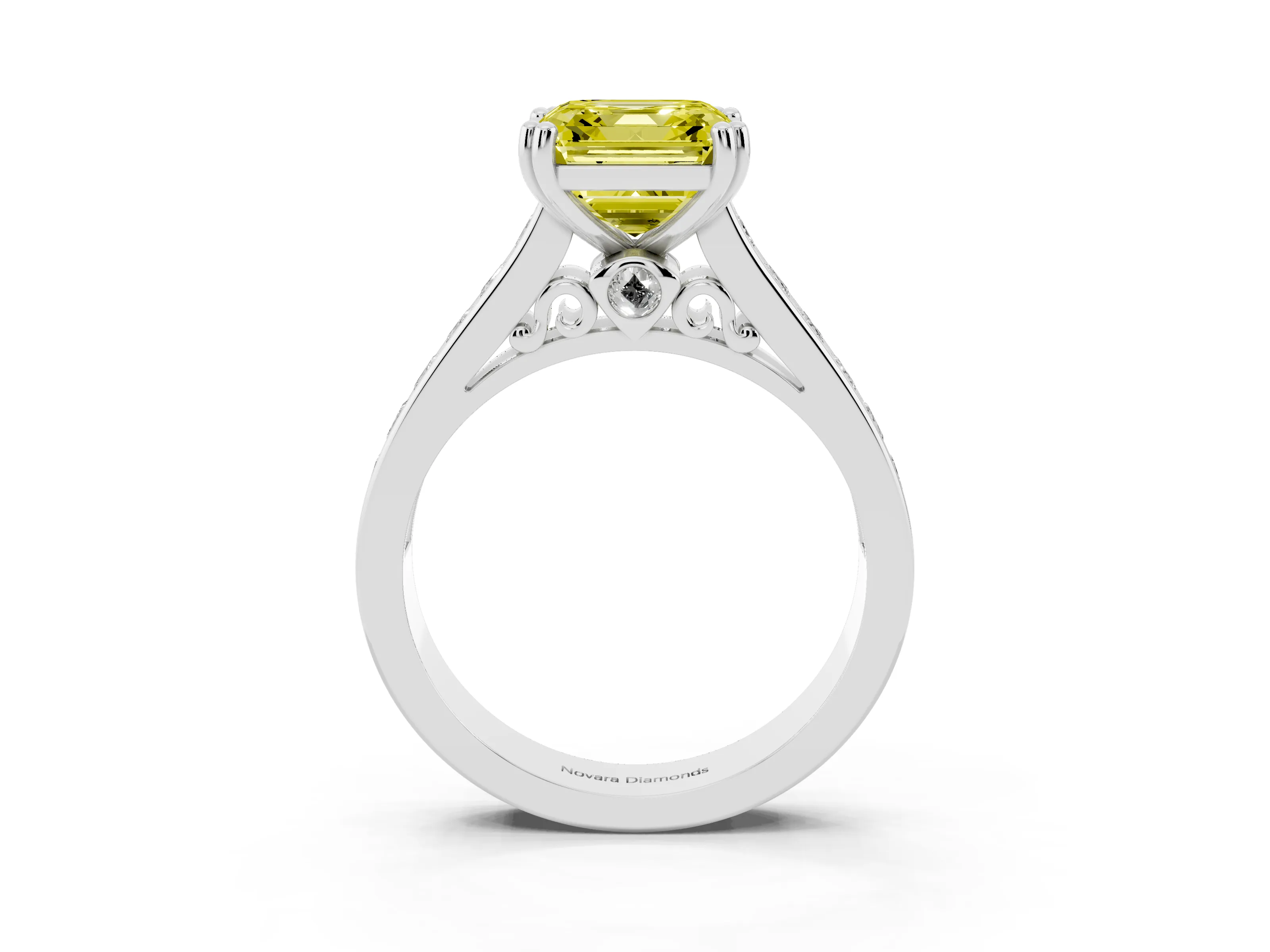 Fancy Yellow Asscher Cut Diamond Channel Set Solitaire Engagement Ring Set in Platinum with Prong Setting