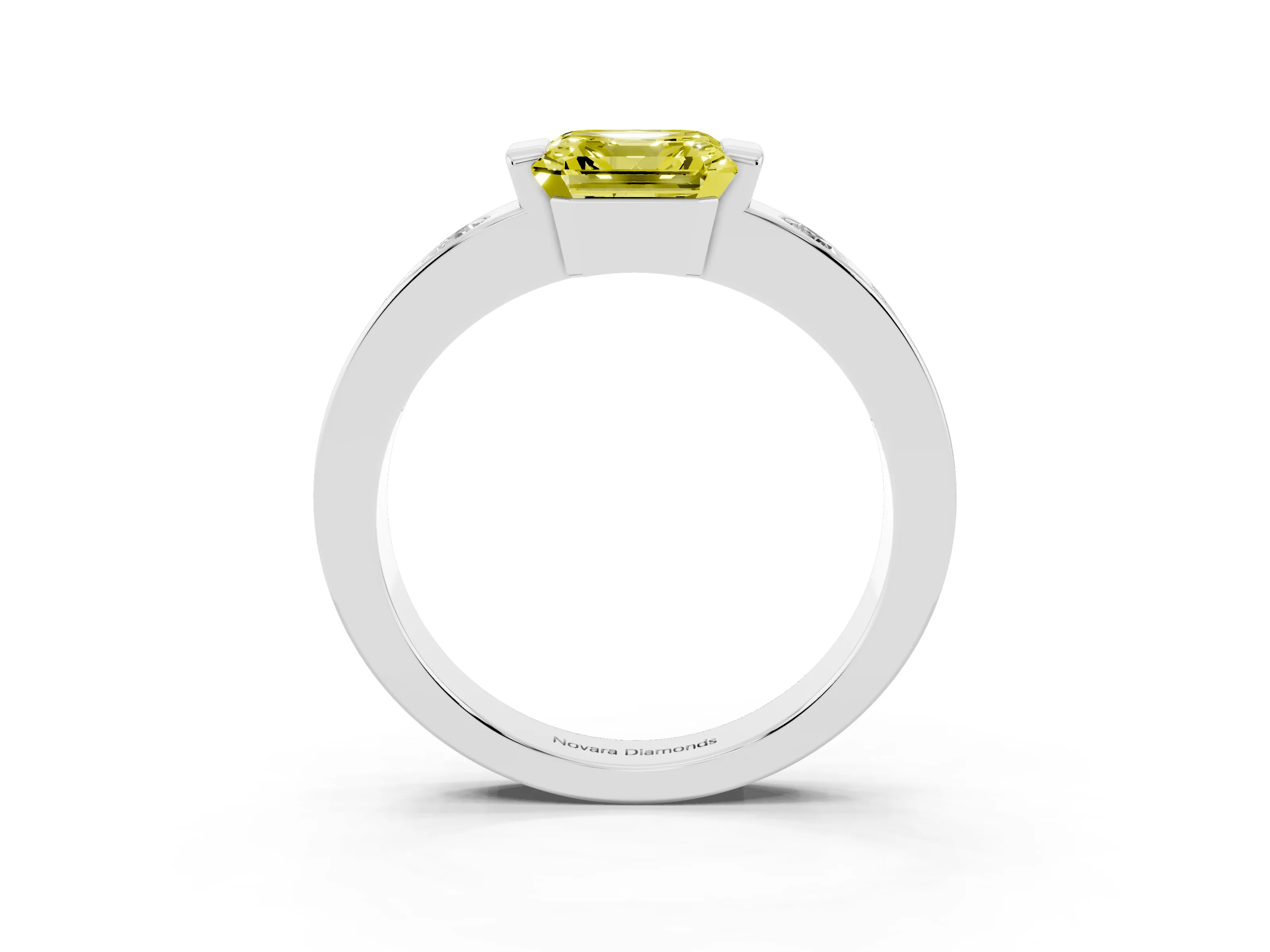 Fancy Yellow Asscher Cut Diamond Channel-Set Band Ring Set in Platinum with Bezel Prong Setting