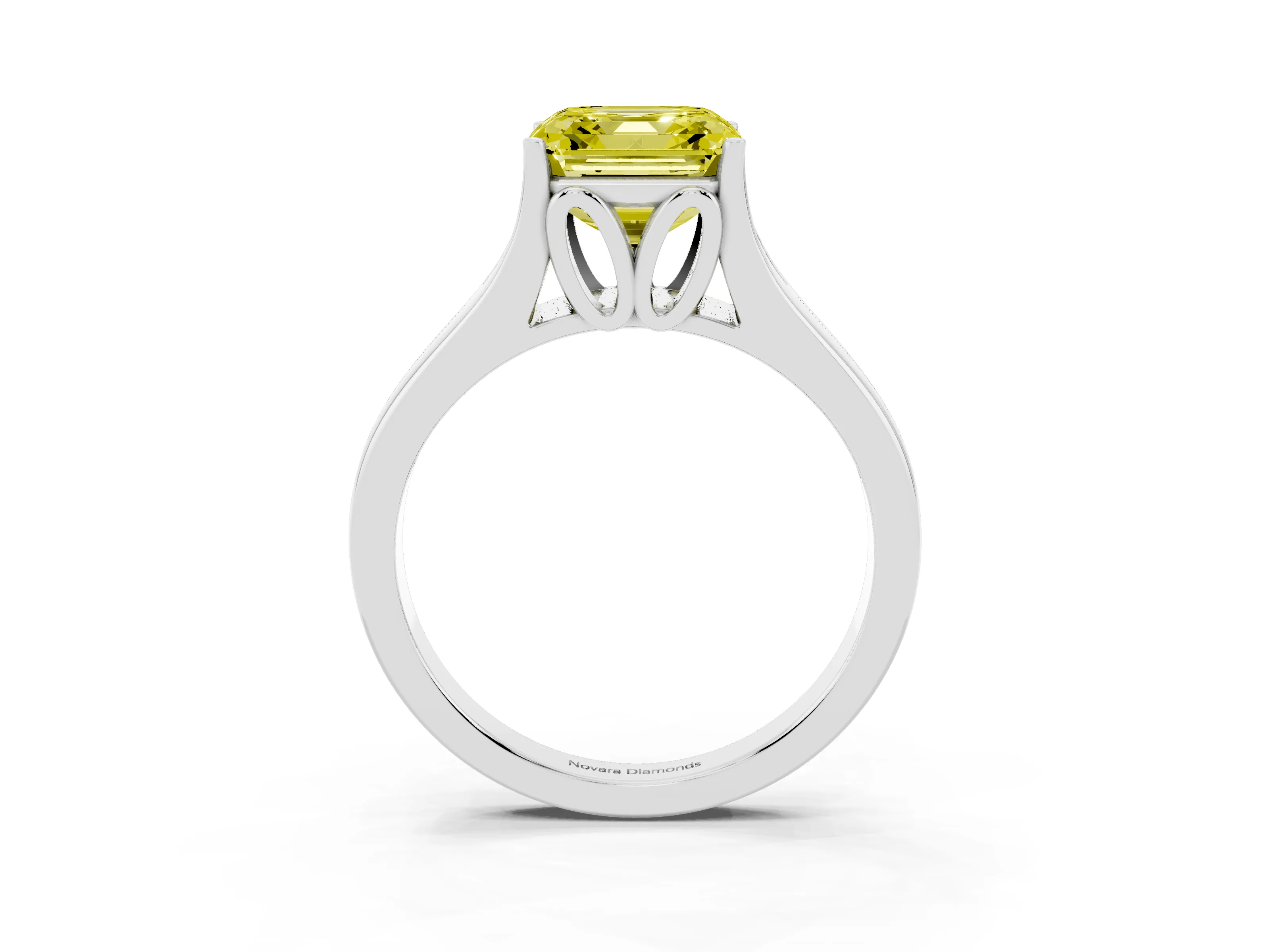 Fancy Yellow Asscher Cut Diamond Solitaire Ring Set in Platinum with Arched Cathedral Band and Prong Setting