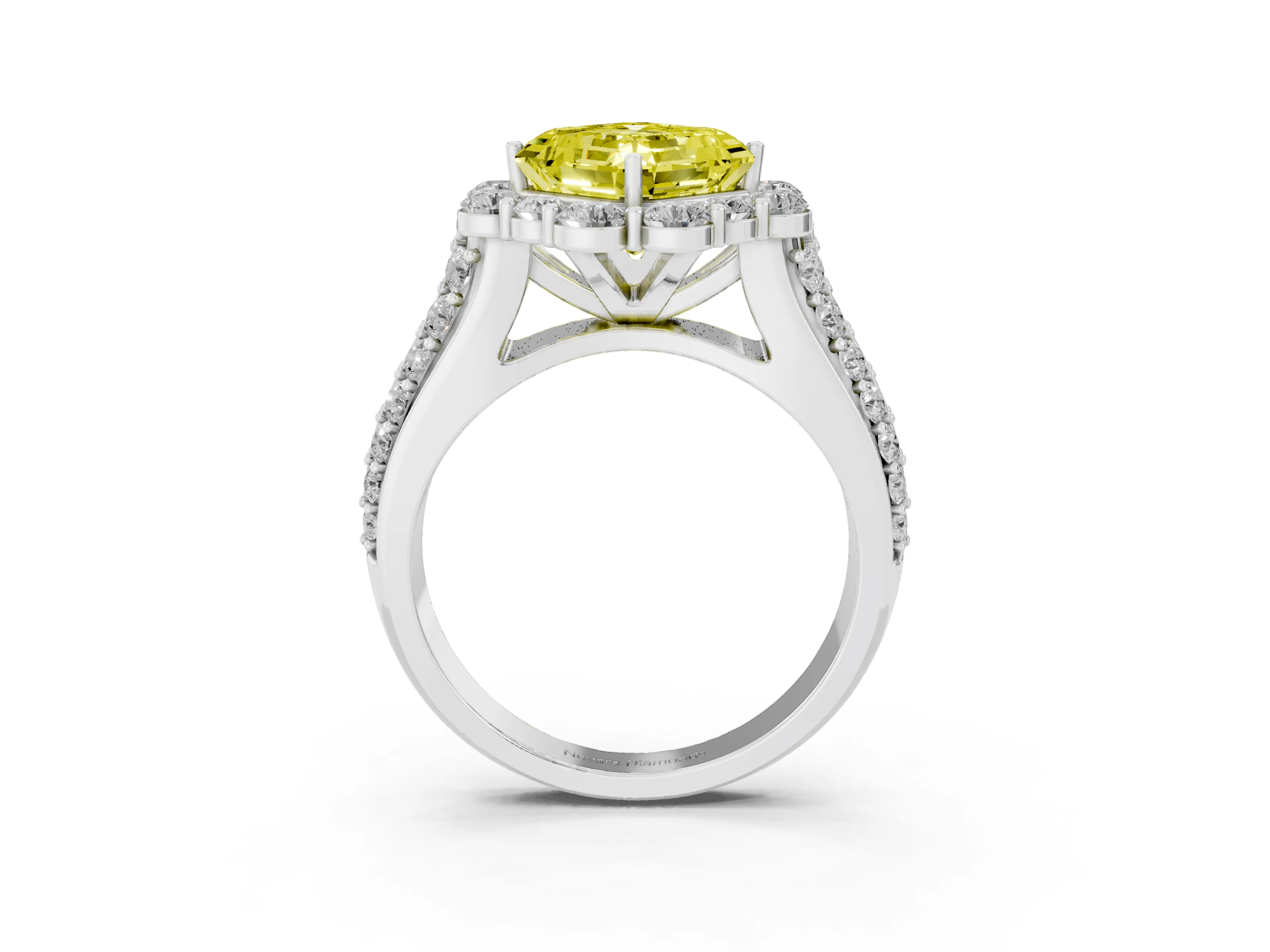 Fancy Yellow Asscher Cut Diamond Halo Engagement Ring Set in Silver with Split Shank and Prong Setting