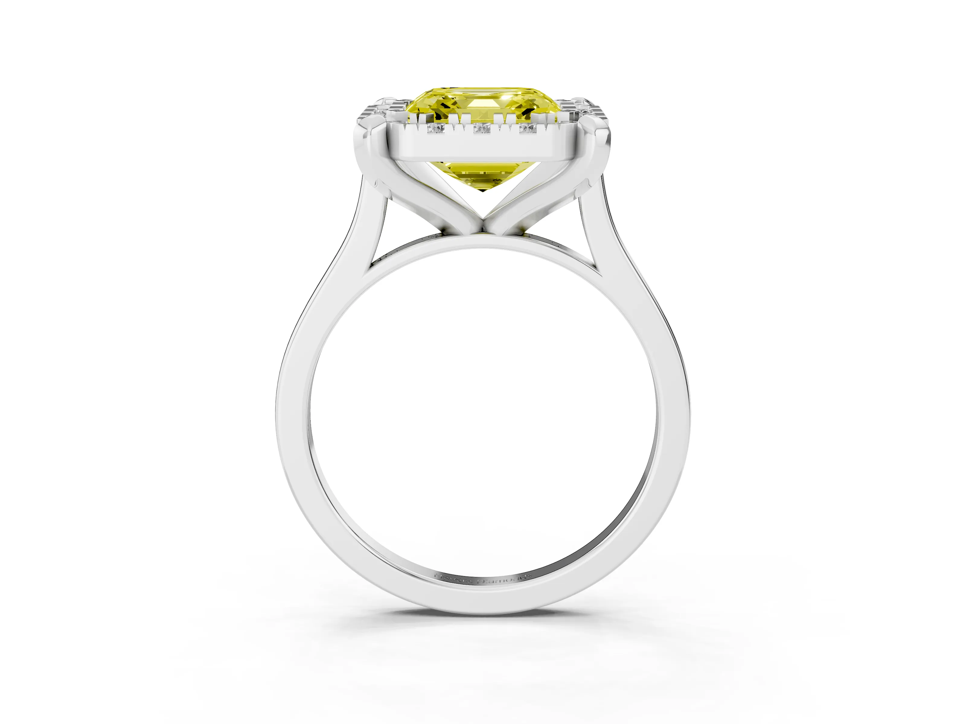 Fancy Yellow Asscher Cut Diamond Cluster Halo Solitaire Ring Set in Silver with Prong Setting