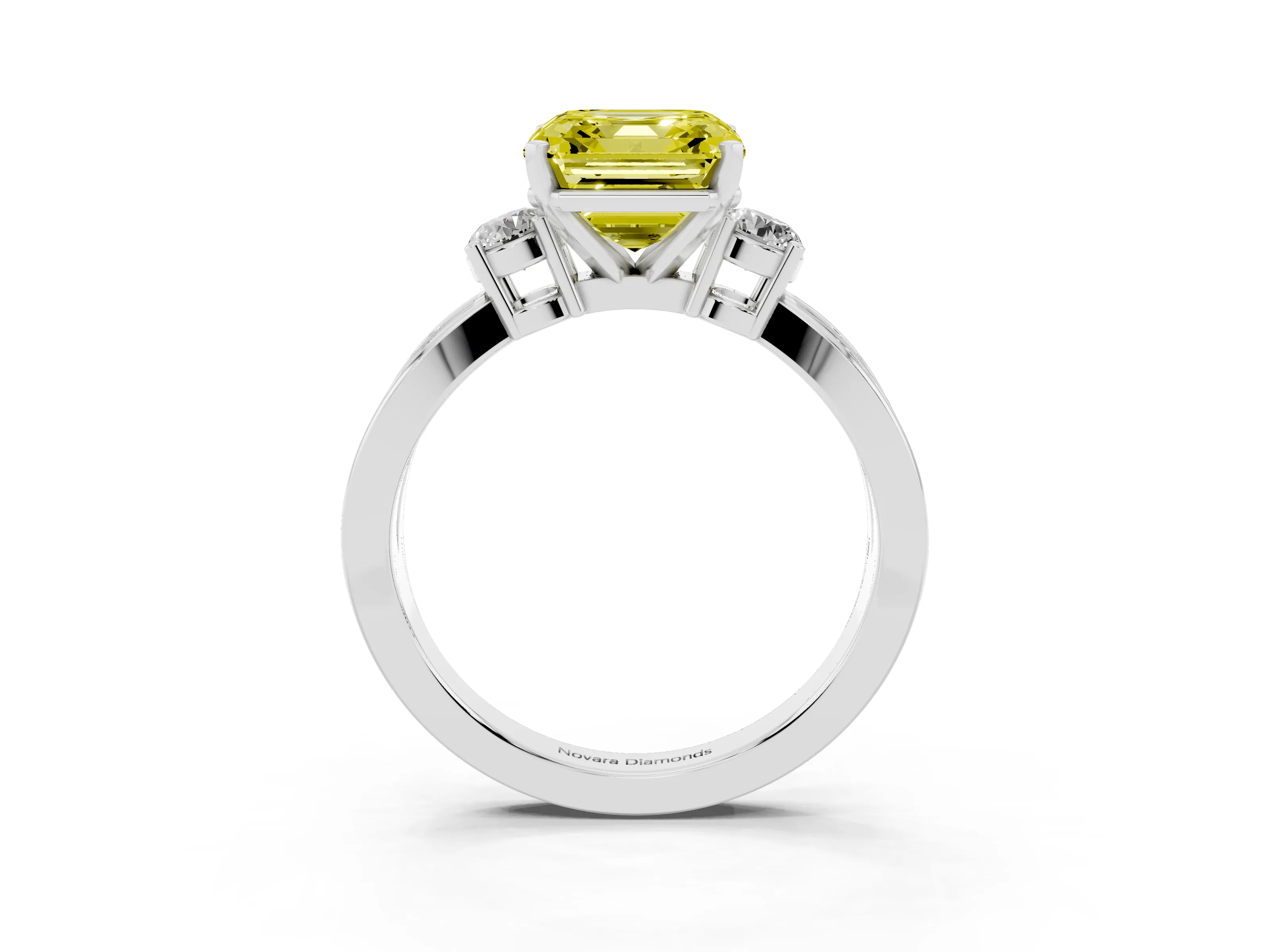 Fancy Yellow Three-Stone Asscher Cut Diamond Twist Band Ring Set in Platinum with Pavé Accents and Prong Setting