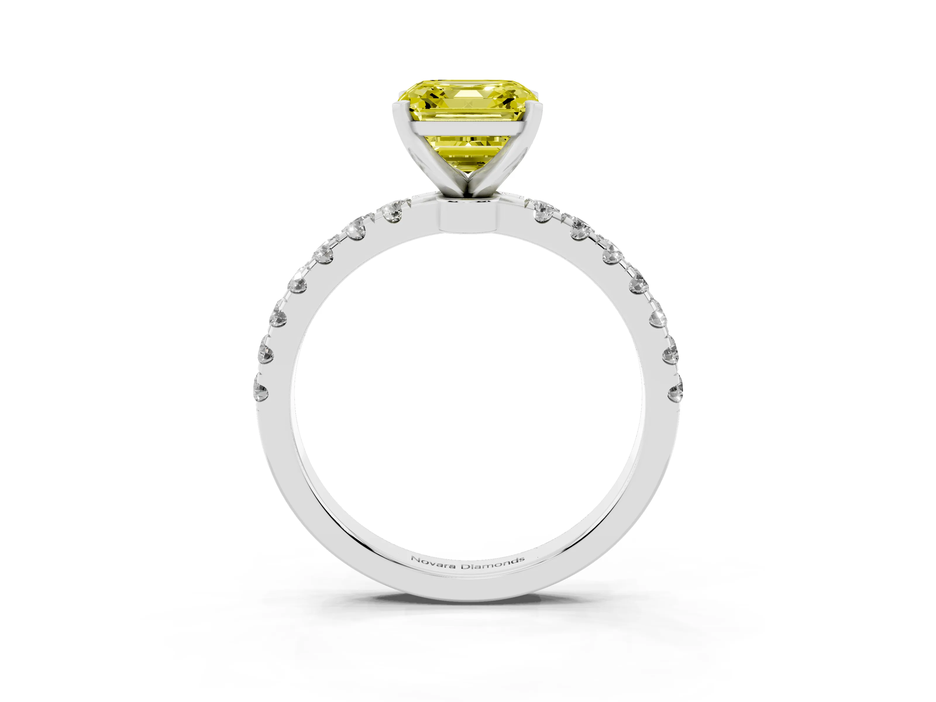 Fancy Yellow Asscher Cut Diamond Solitaire Ring Set in Platinum with Pavé Accents and Prong Setting