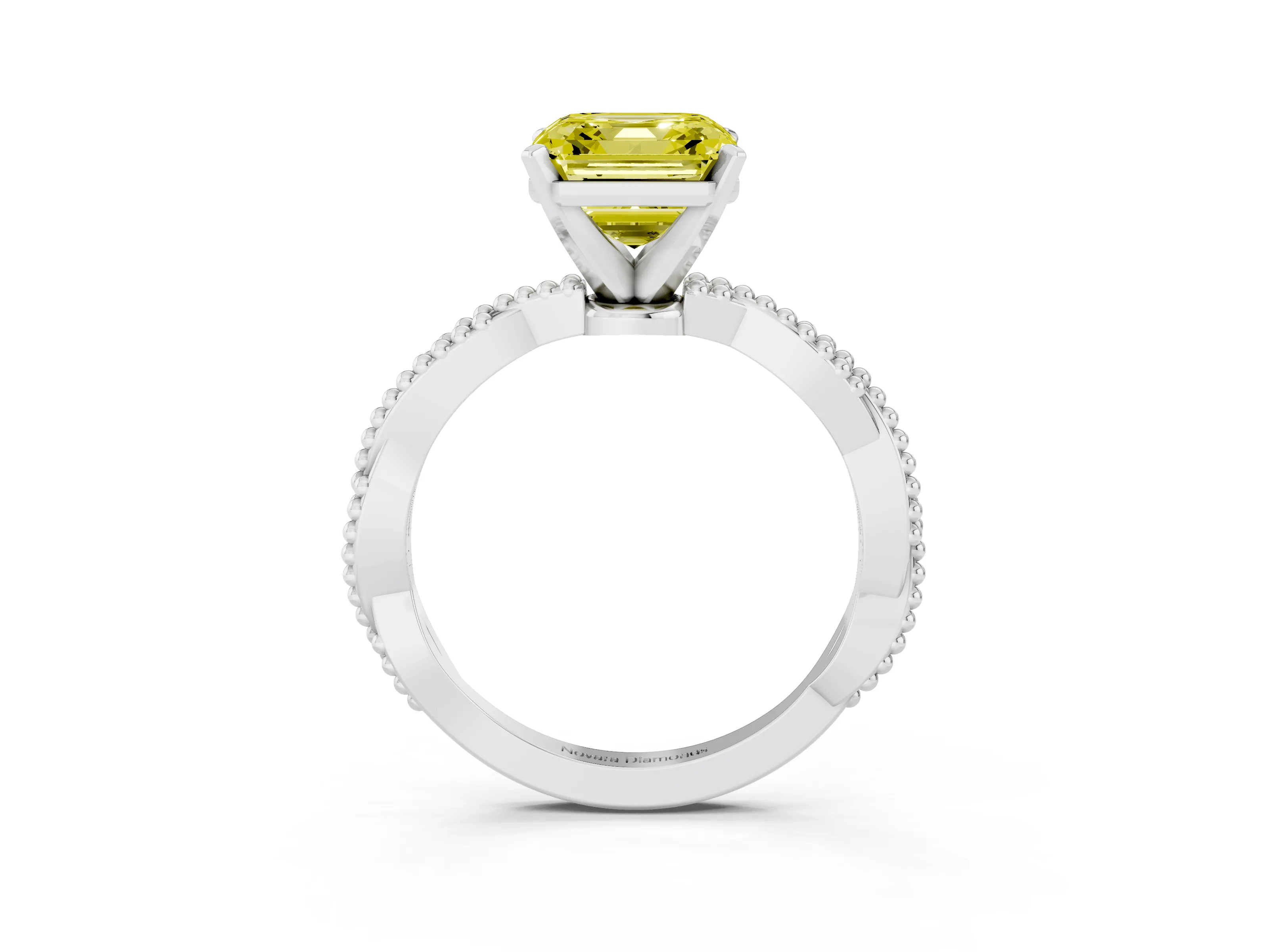 Fancy Yellow Asscher Cut Diamond Solitaire Ring Set in Platinum with Twisted Band and Bead Prong Setting