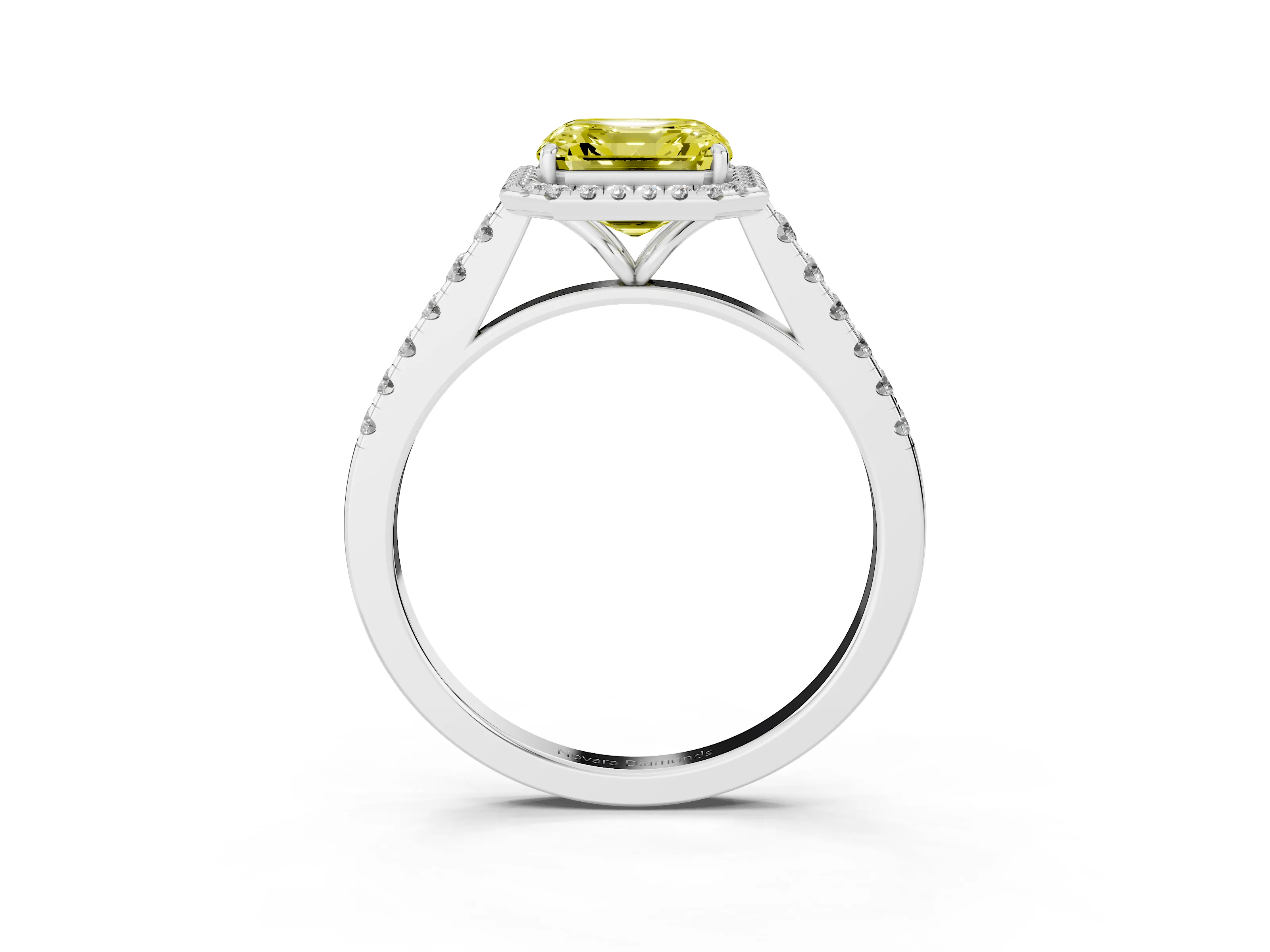 Fancy Yellow Asscher Cut Diamond Halo Pavé Engagement Ring Set in White gold with Prong Setting