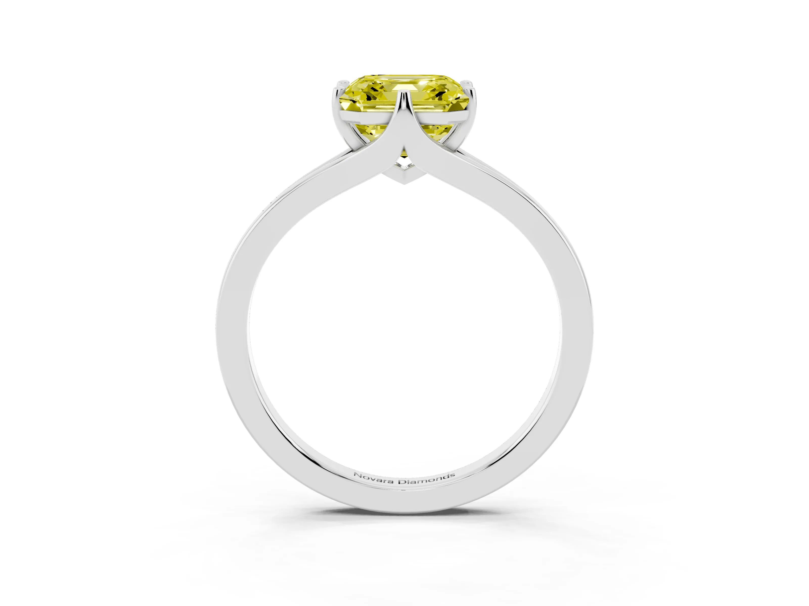 Fancy Yellow Asscher Cut Diamond Solitaire Ring Set in White gold with Polished Tapered Band and Prong Setting