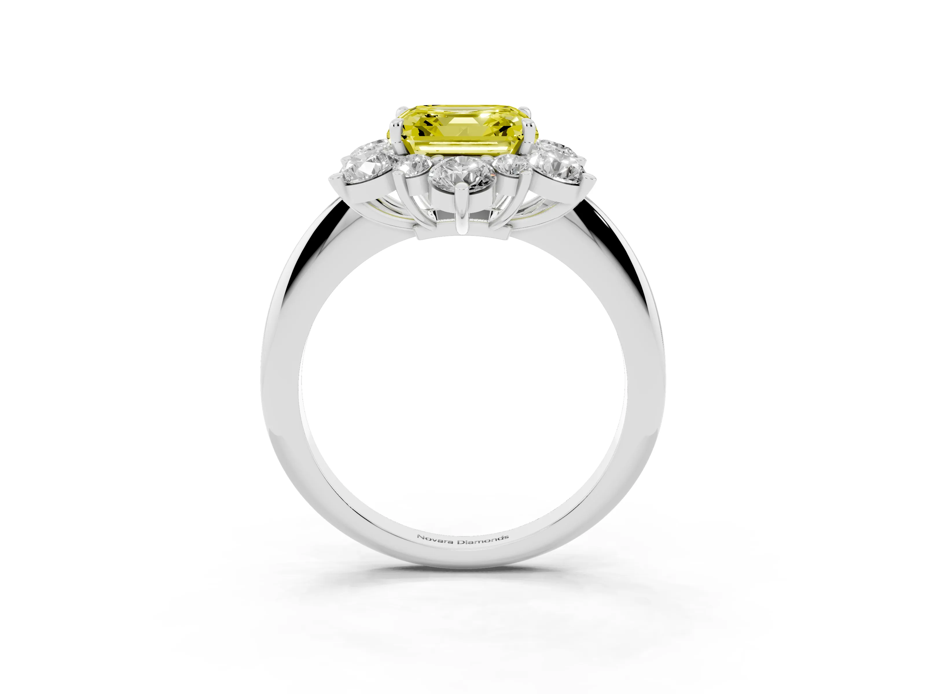 Fancy Yellow Asscher Cut Diamond Cluster Halo Ring Set in White gold with Solitaire Band and Prong Setting