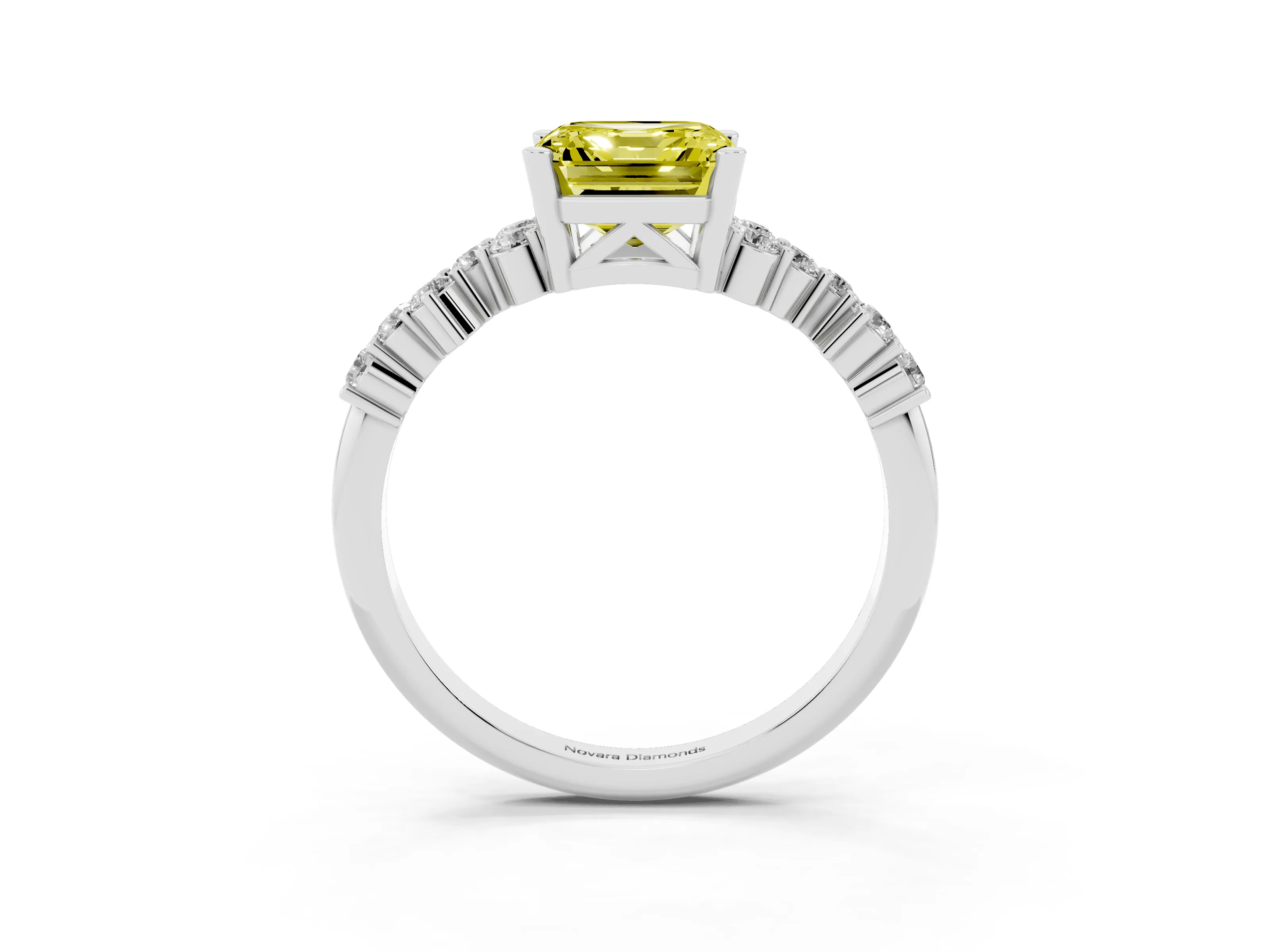 Fancy Yellow Asscher Cut Diamond Ring Set in Platinum with Scattered Round Accents